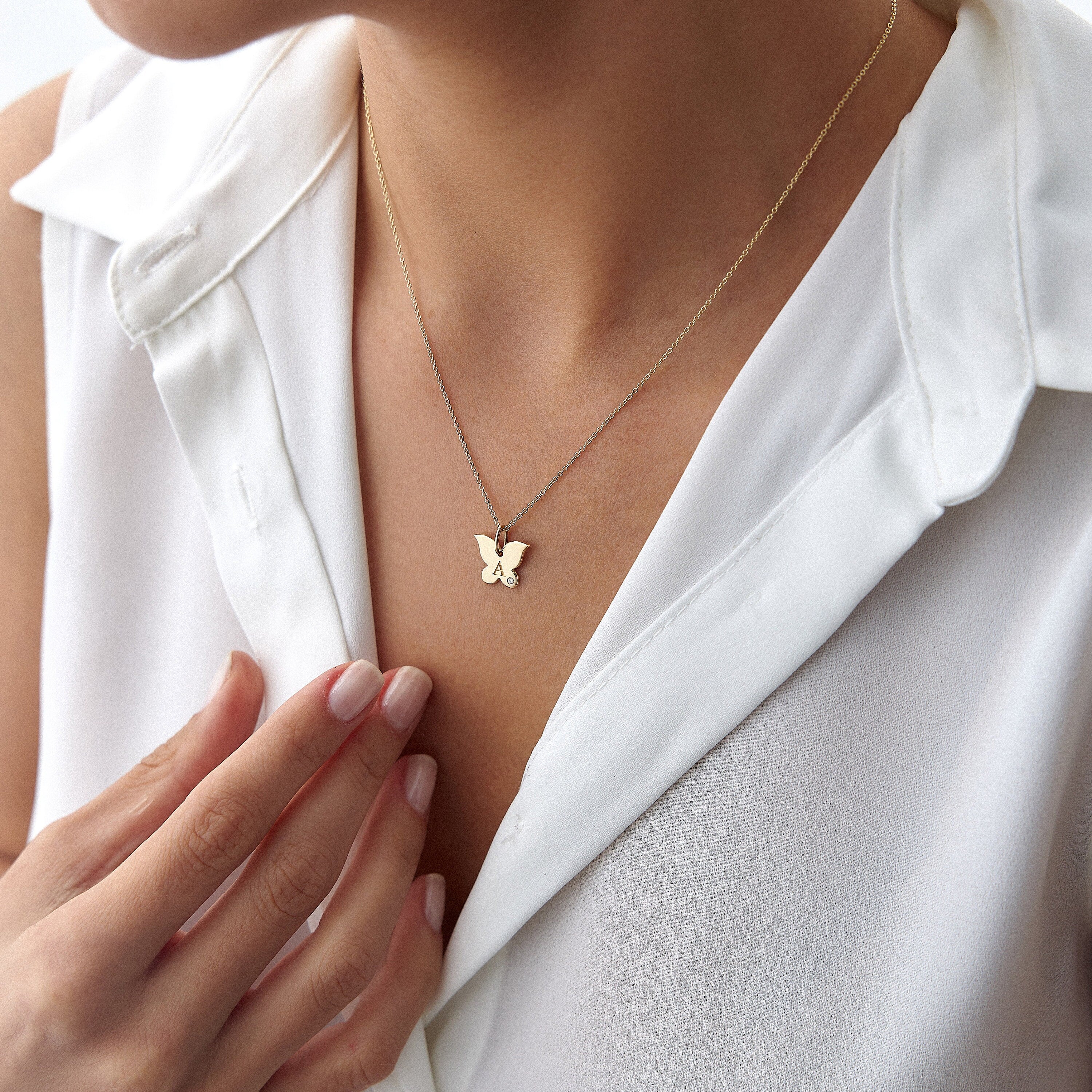 Birthstone Butterfly Initial Pendant Necklace in 14K Gold