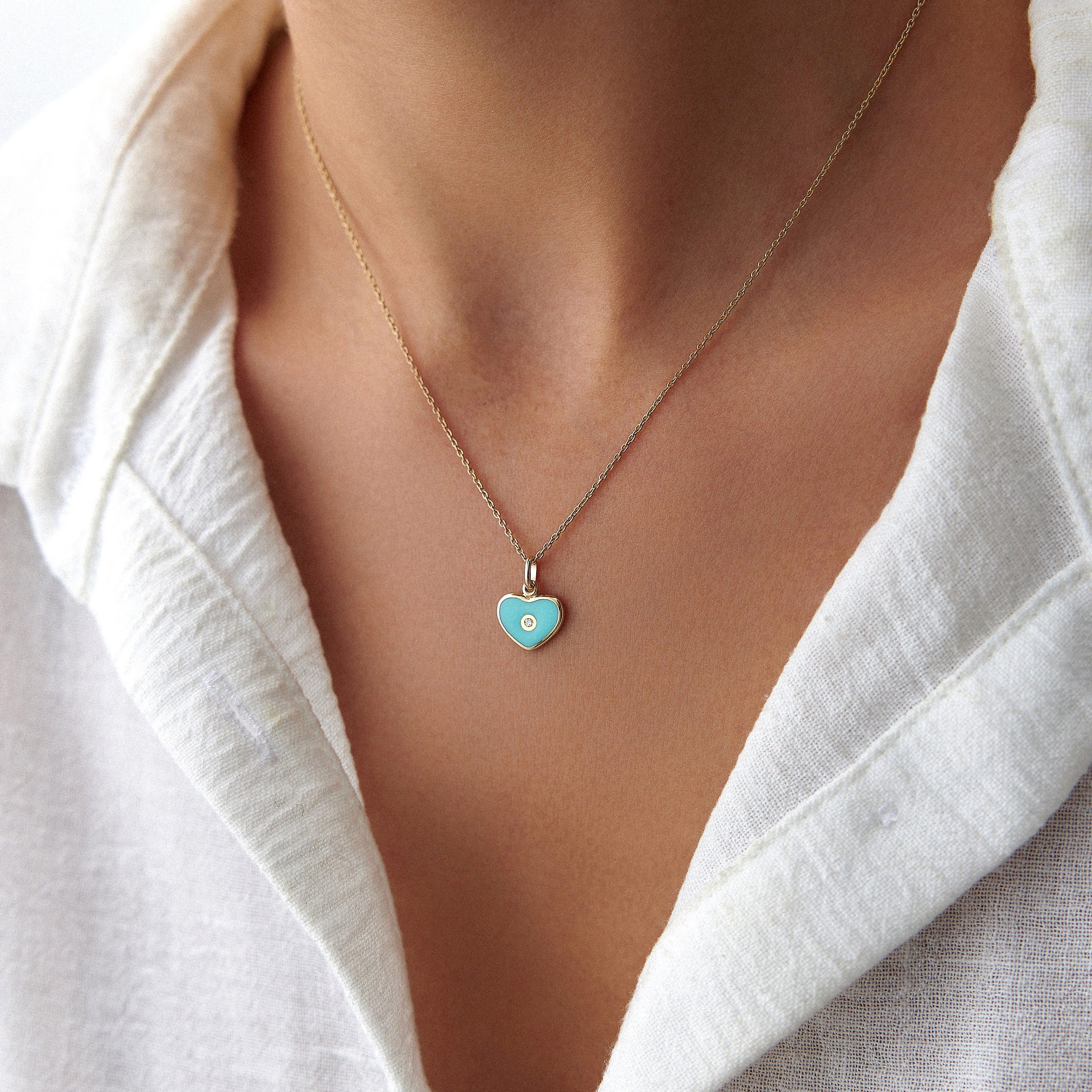 Mini Inlaid Diamond Turquoise Heart Necklace in 14K Gold