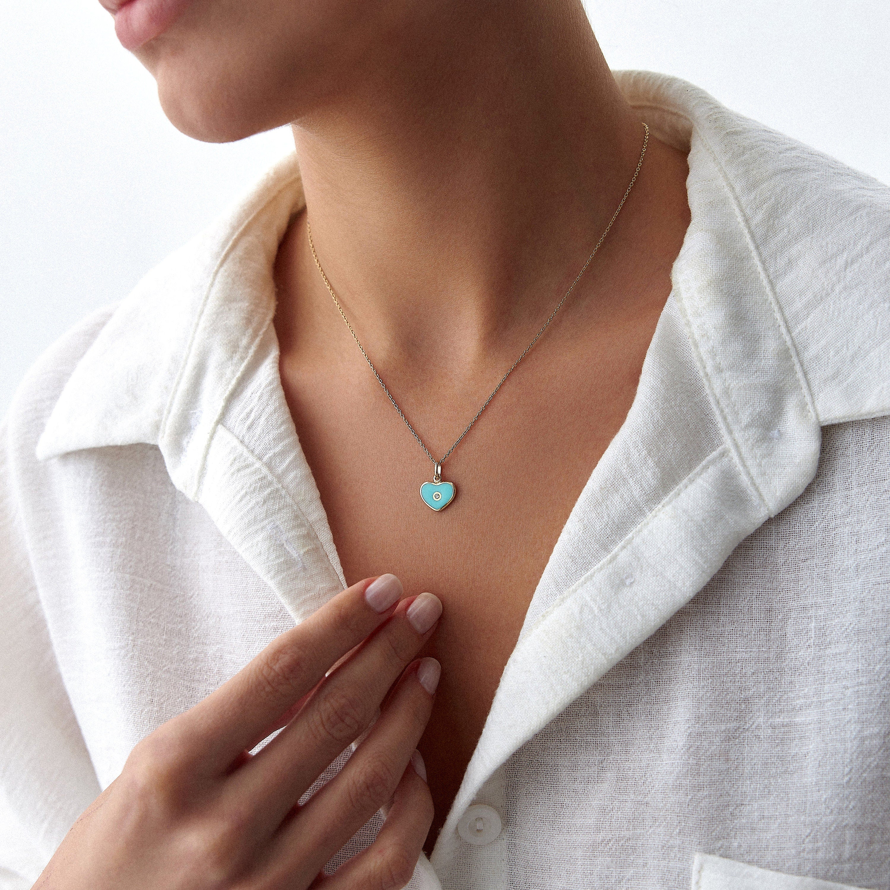 Mini Inlaid Diamond Turquoise Heart Necklace in 14K Gold