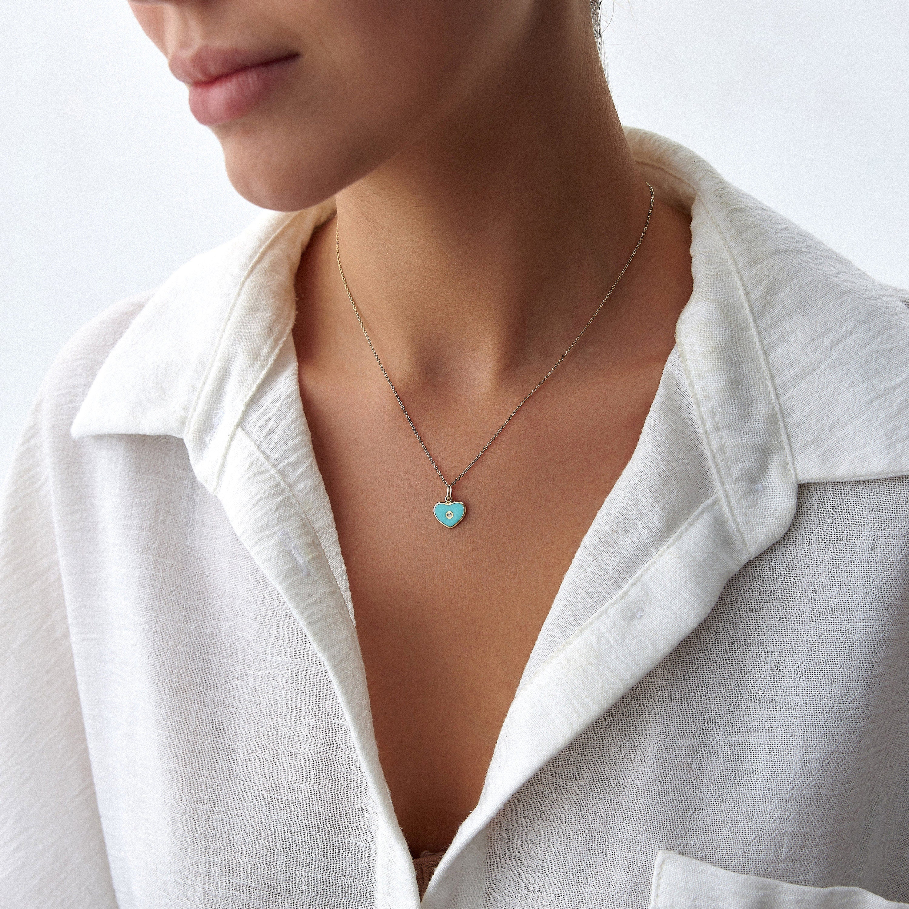Mini Inlaid Diamond Turquoise Heart Necklace in 14K Gold