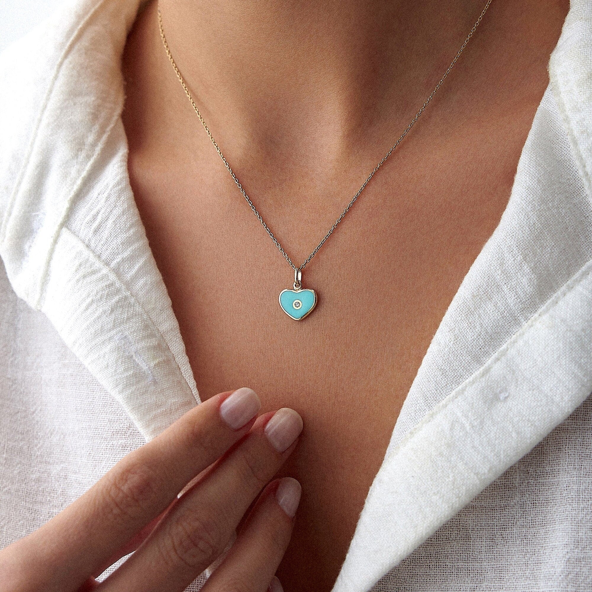 Mini Inlaid Diamond Turquoise Heart Necklace in 14K Gold