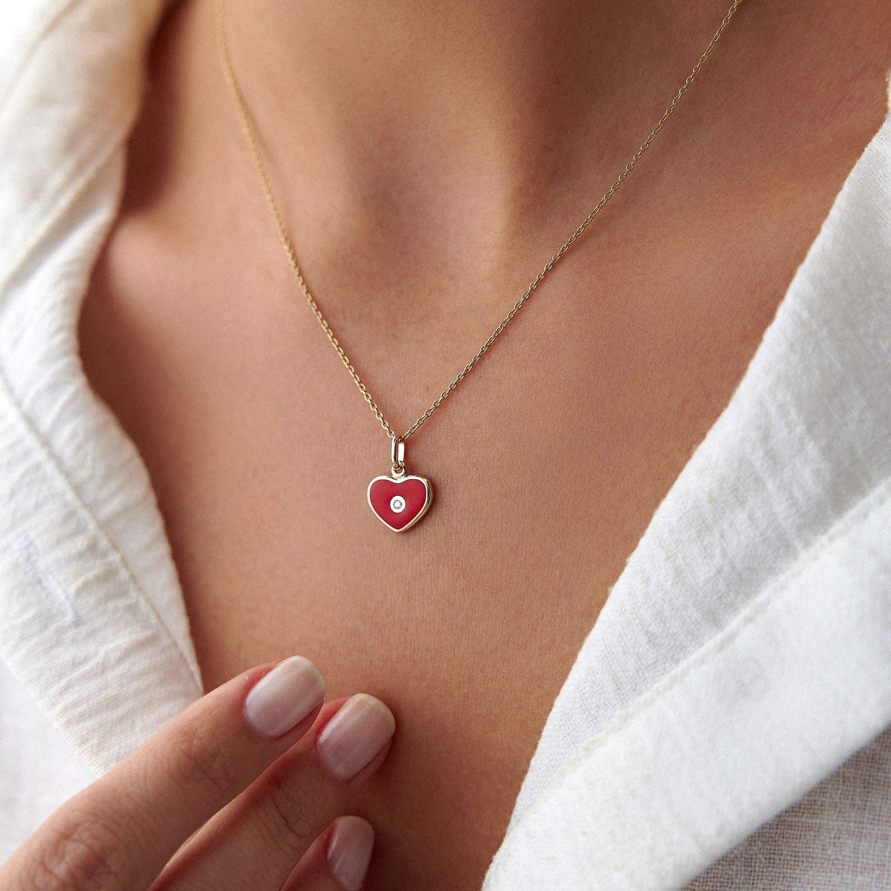 Mini Inlaid Diamond Red Heart Necklace in 14K Gold