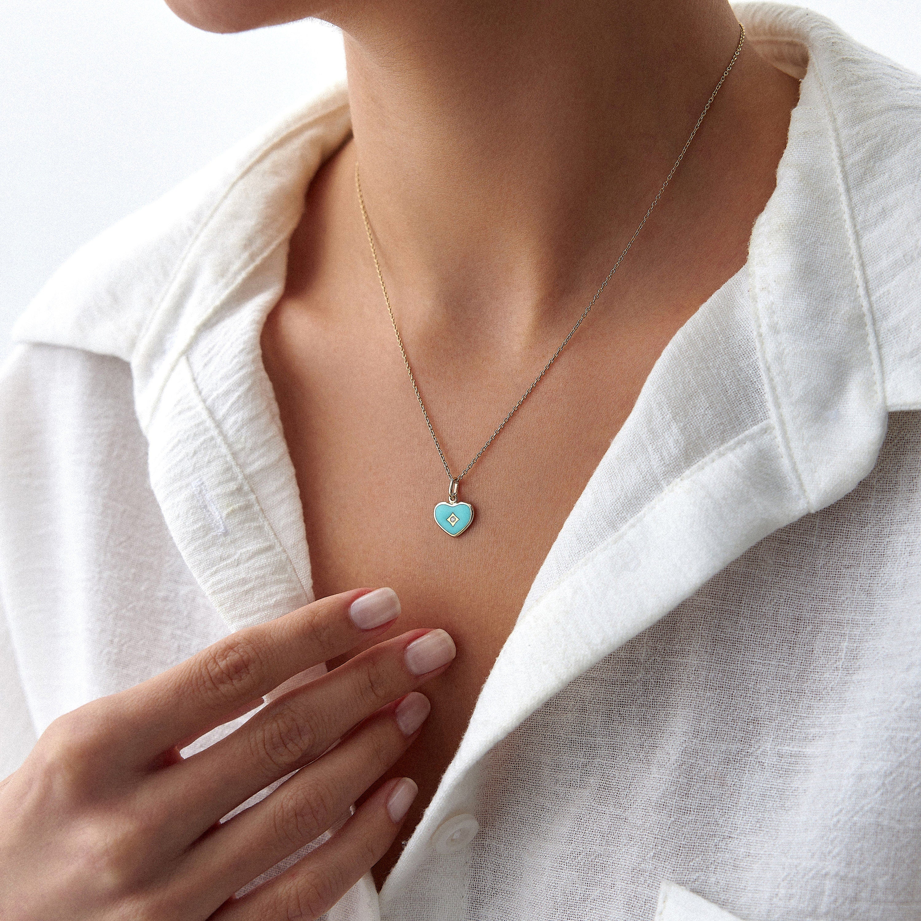 Mini Diamond Turquoise Heart Necklace in 14K Gold