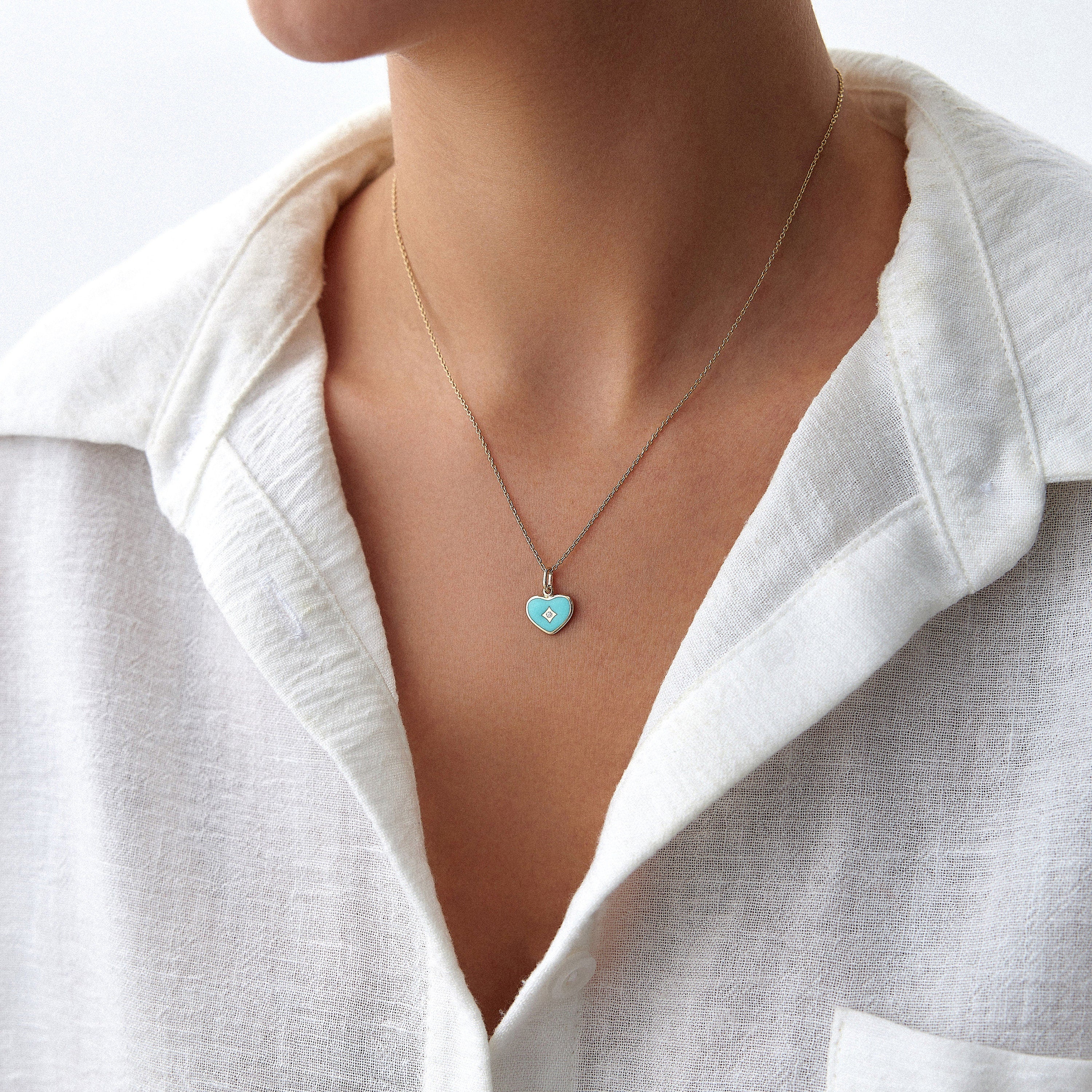 Mini Diamond Turquoise Heart Necklace in 14K Gold
