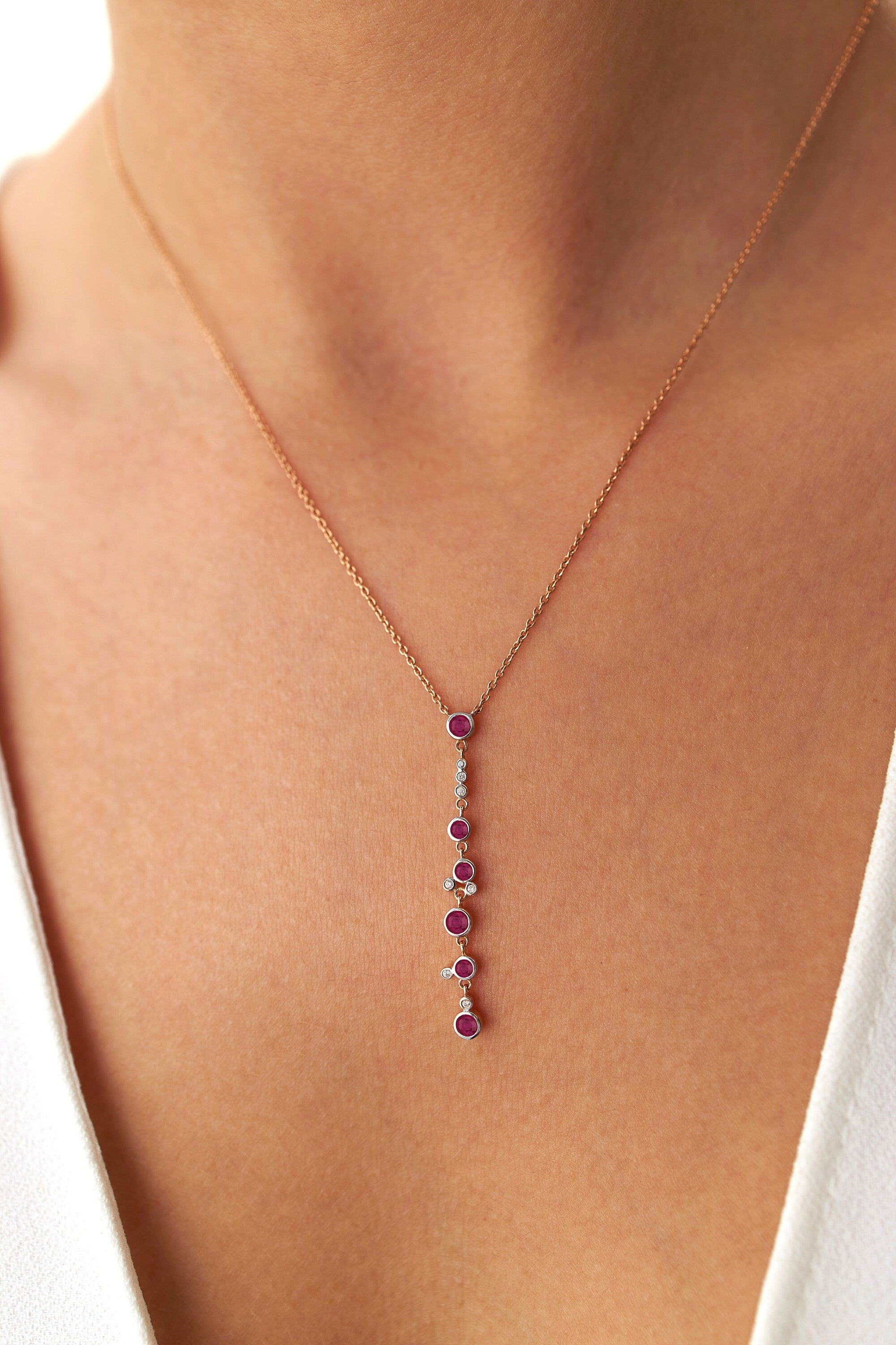 Ruby Waterfall Lariat Necklace in 14K Gold