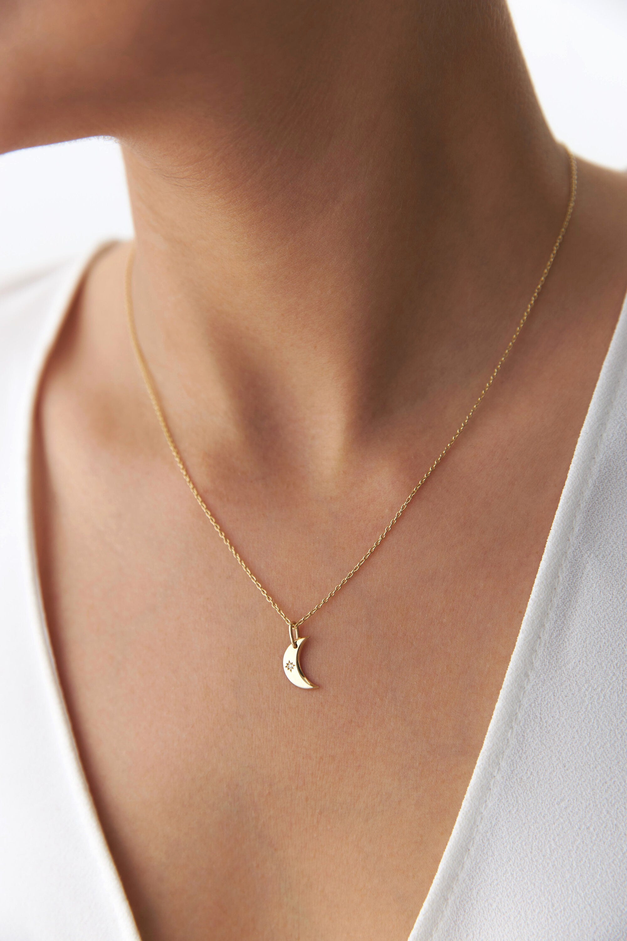 Mini Diamond Crescent Moon Necklace in 14K Gold