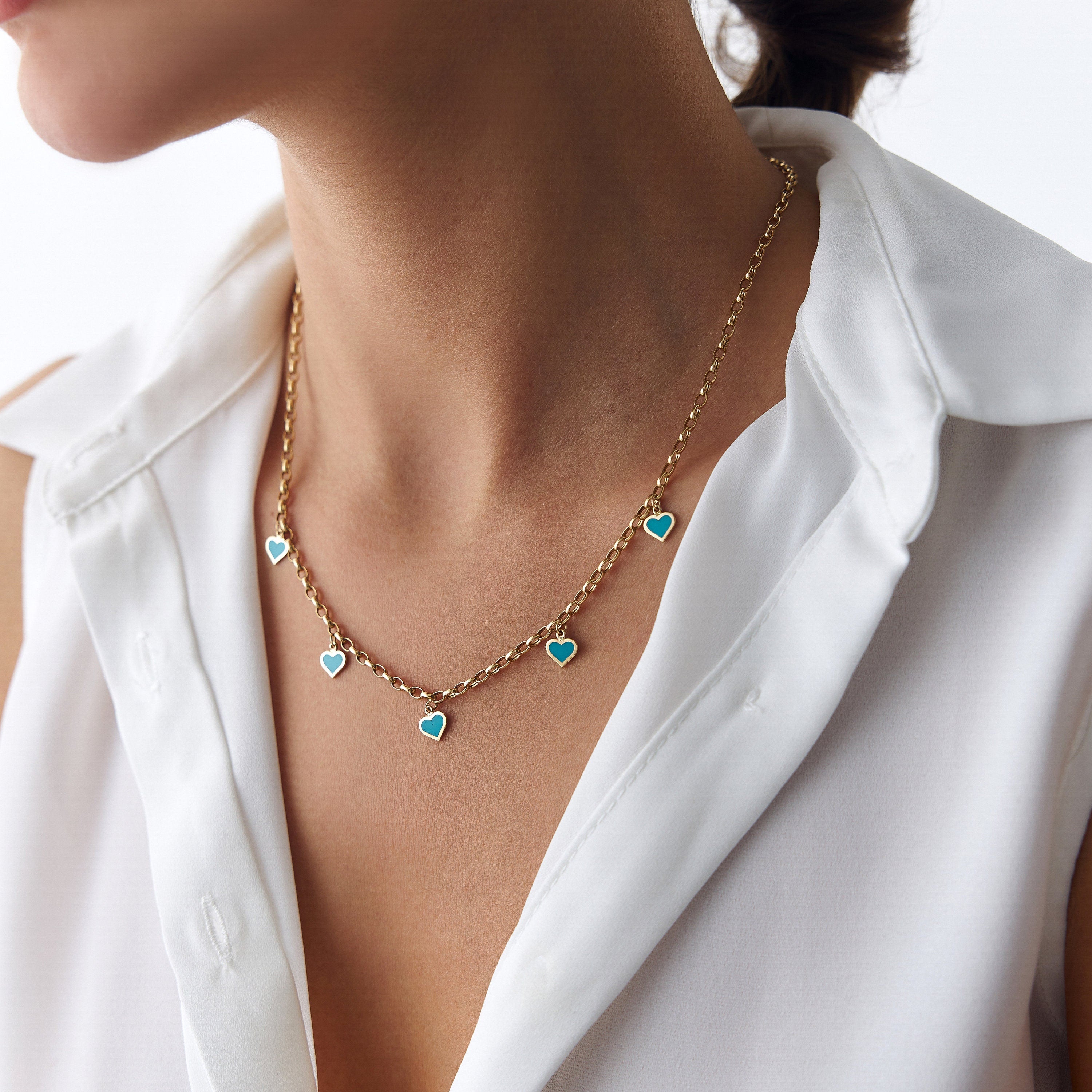 Turquoise Heart Station Necklace in 14K Gold