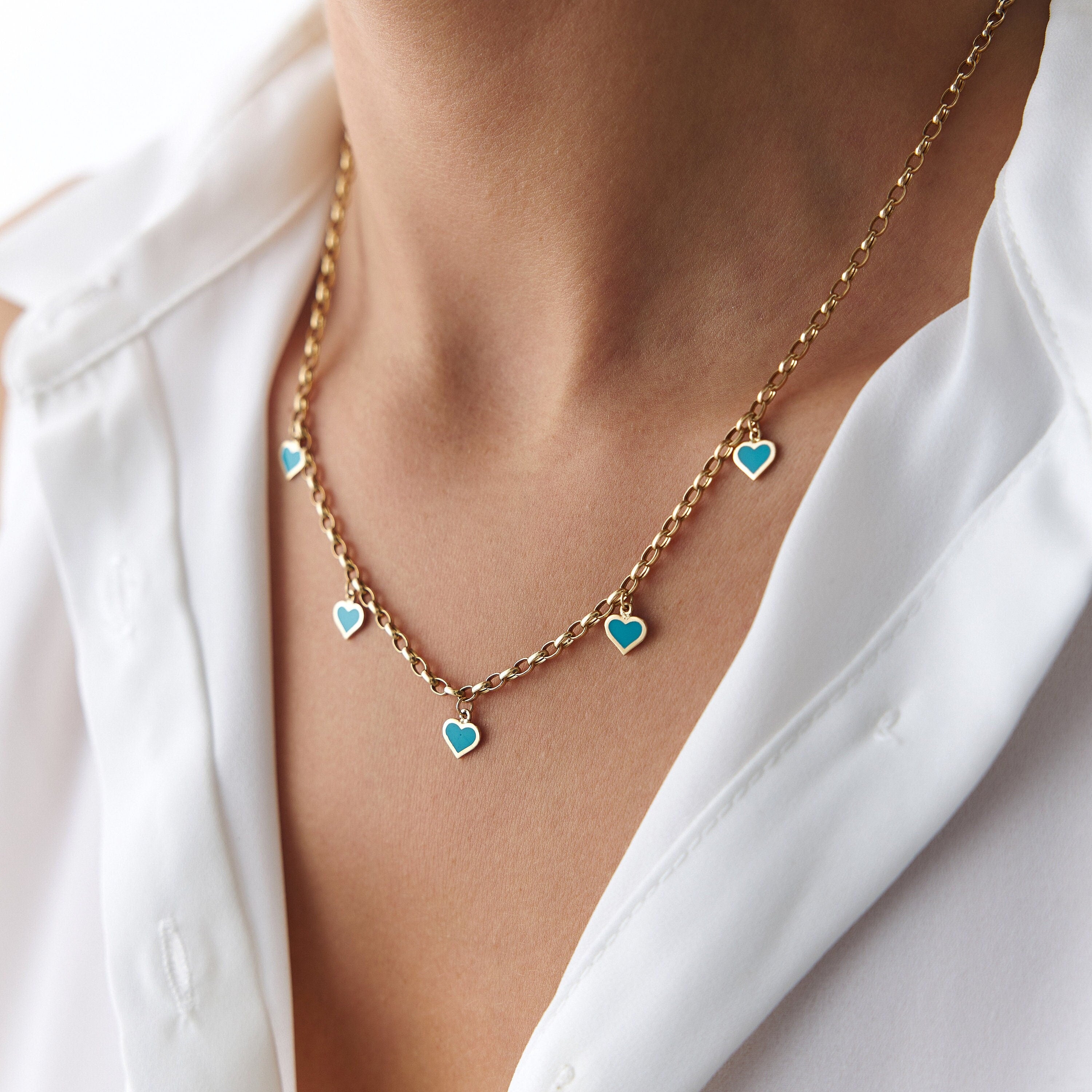 Turquoise Heart Station Necklace in 14K Gold