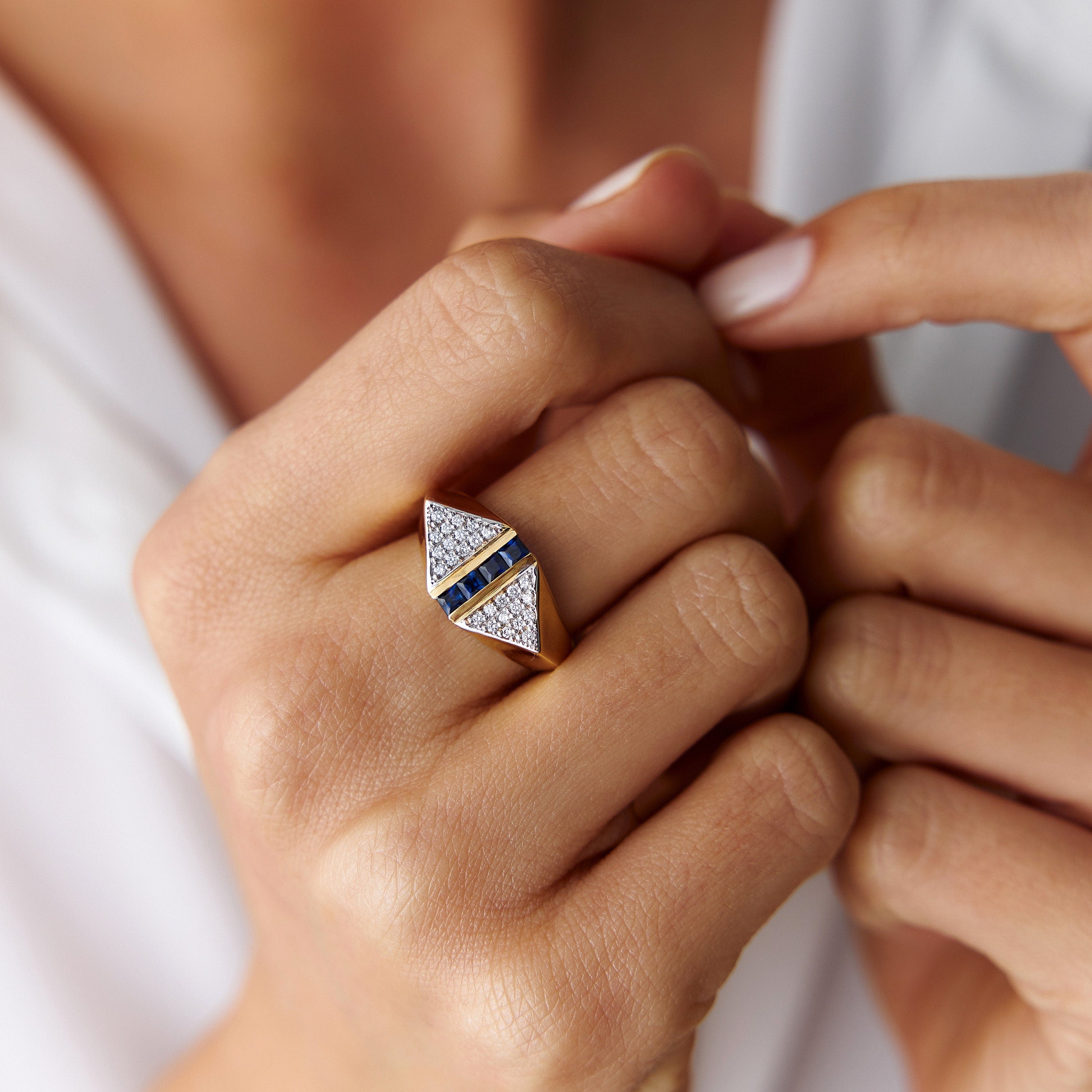 Double Triangle Blue Sapphire and Diamond Ring in 14K Gold