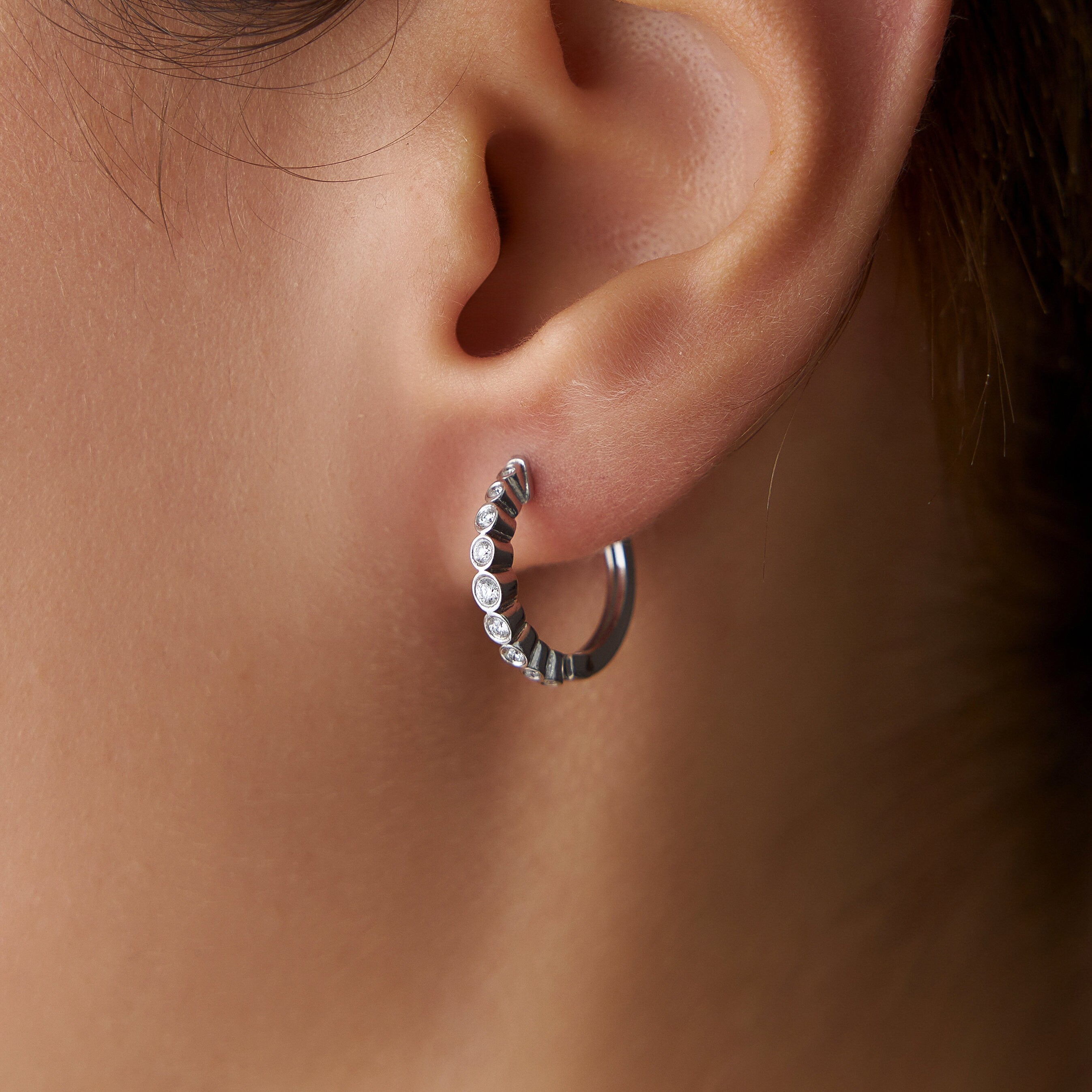 14K Bezel Set Diamond Huggie Hoops