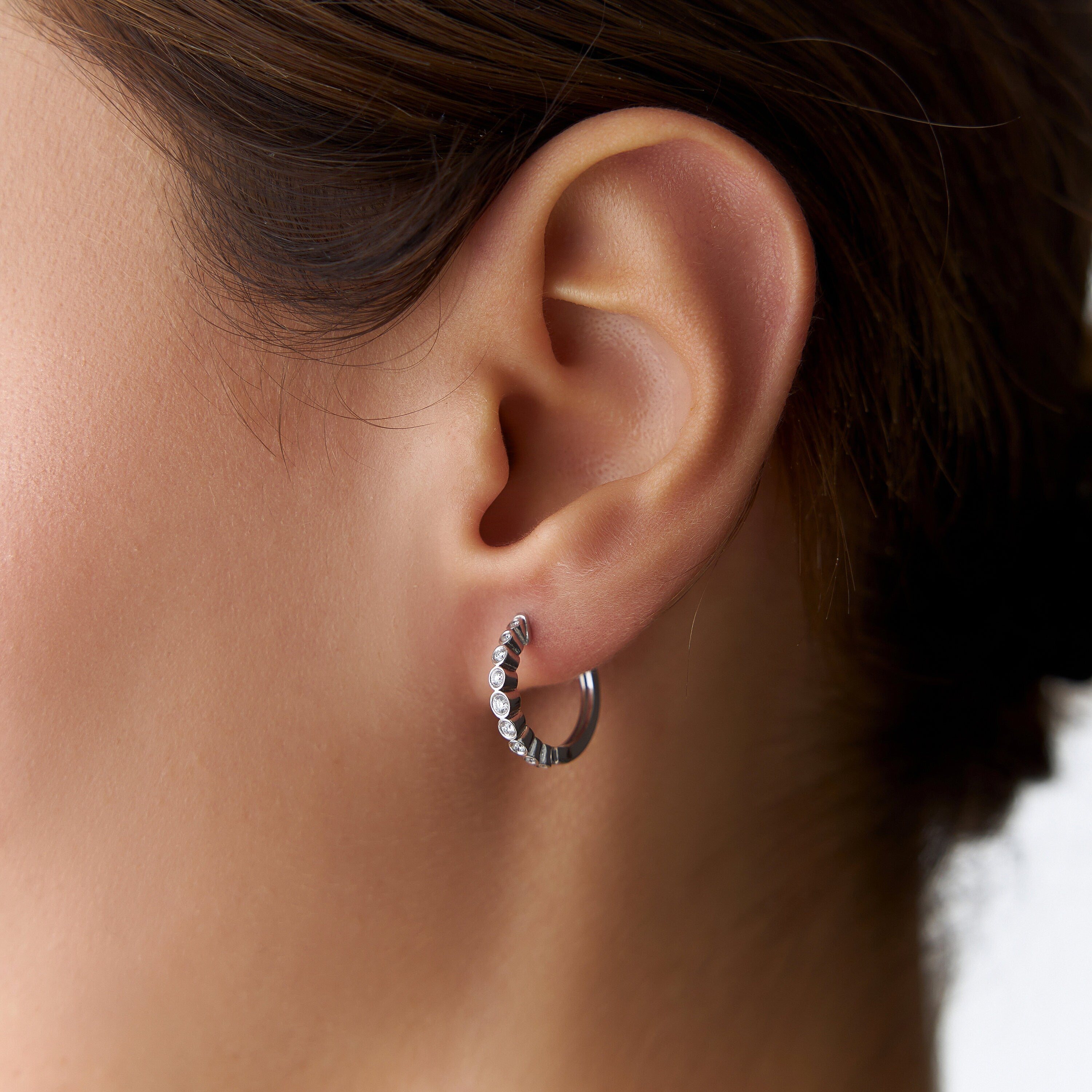 14K Bezel Set Diamond Huggie Hoops