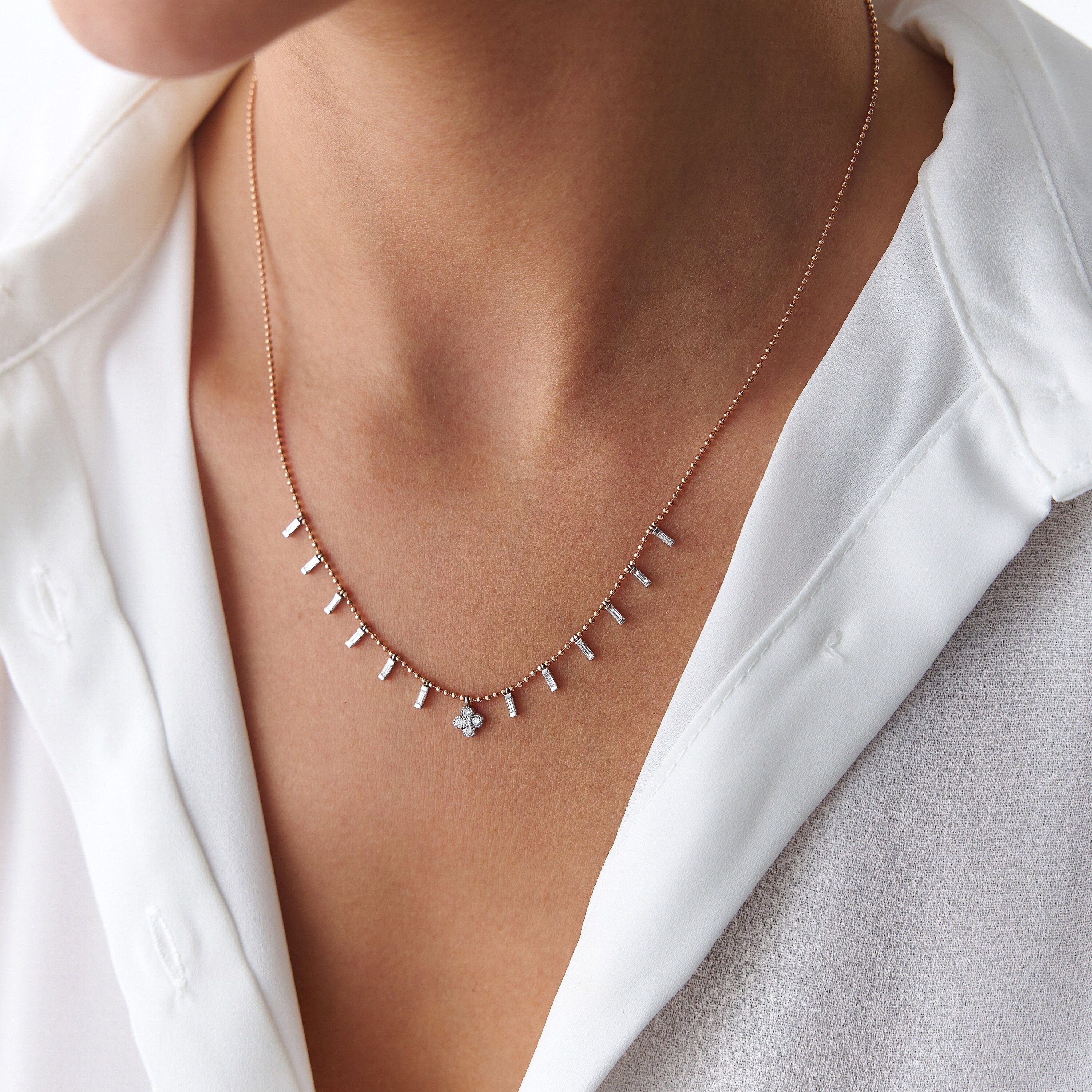 Diamond Clover Station Necklace With Baguette Cut Diamond Charms