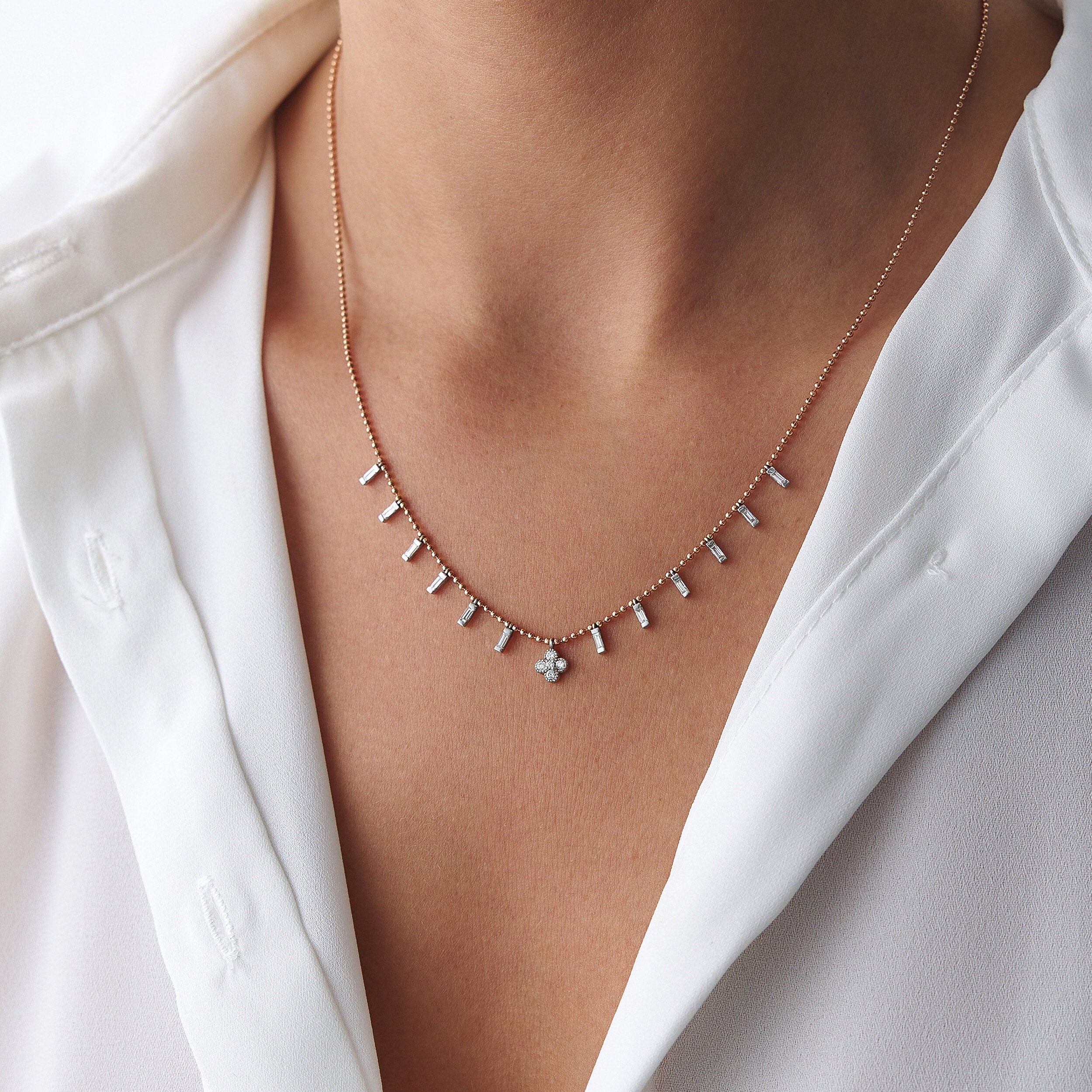 Diamond Clover Station Necklace With Baguette Cut Diamond Charms