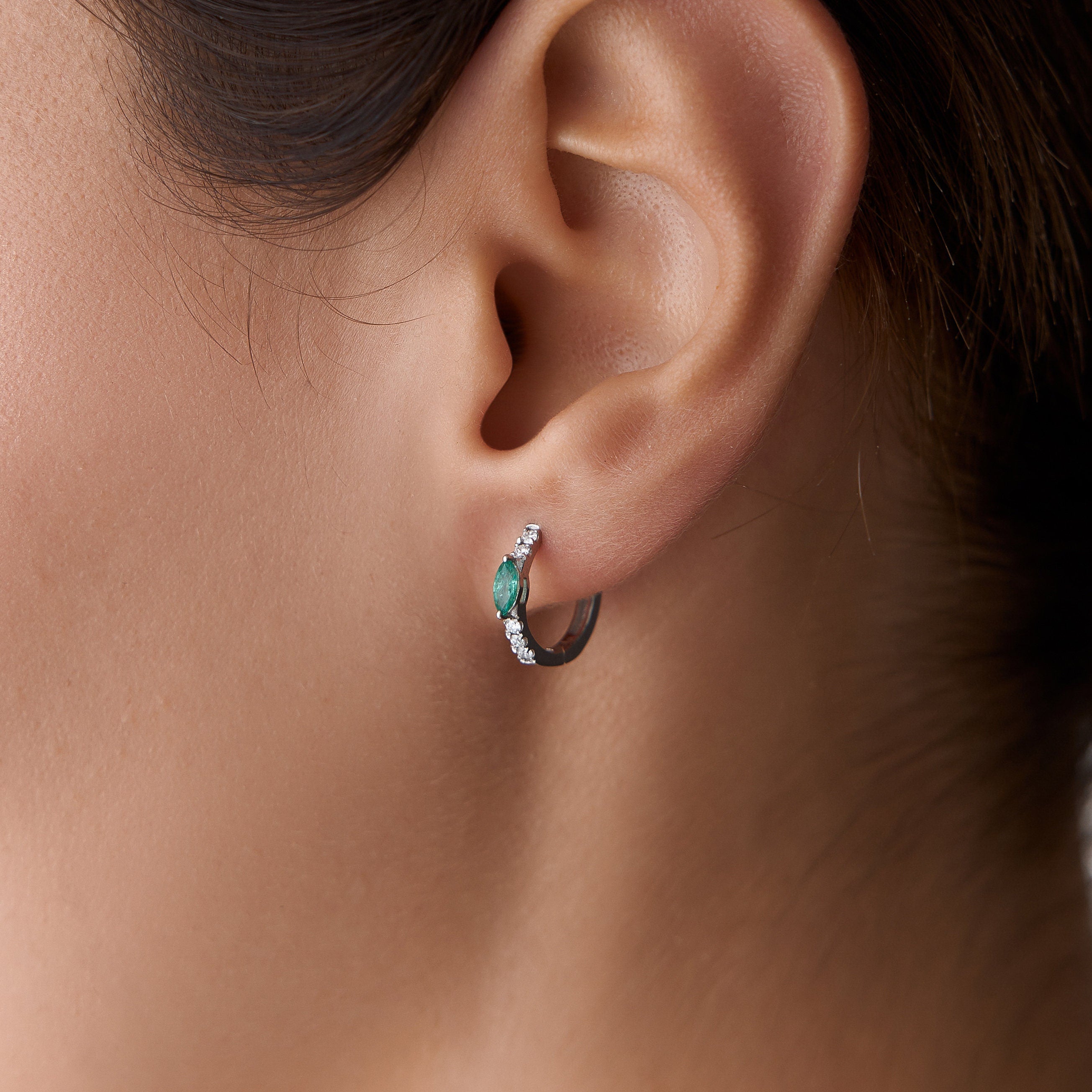 Marquise Emerald and Diamond Hoop Earrings Available in 14K Gold and 18K Gold