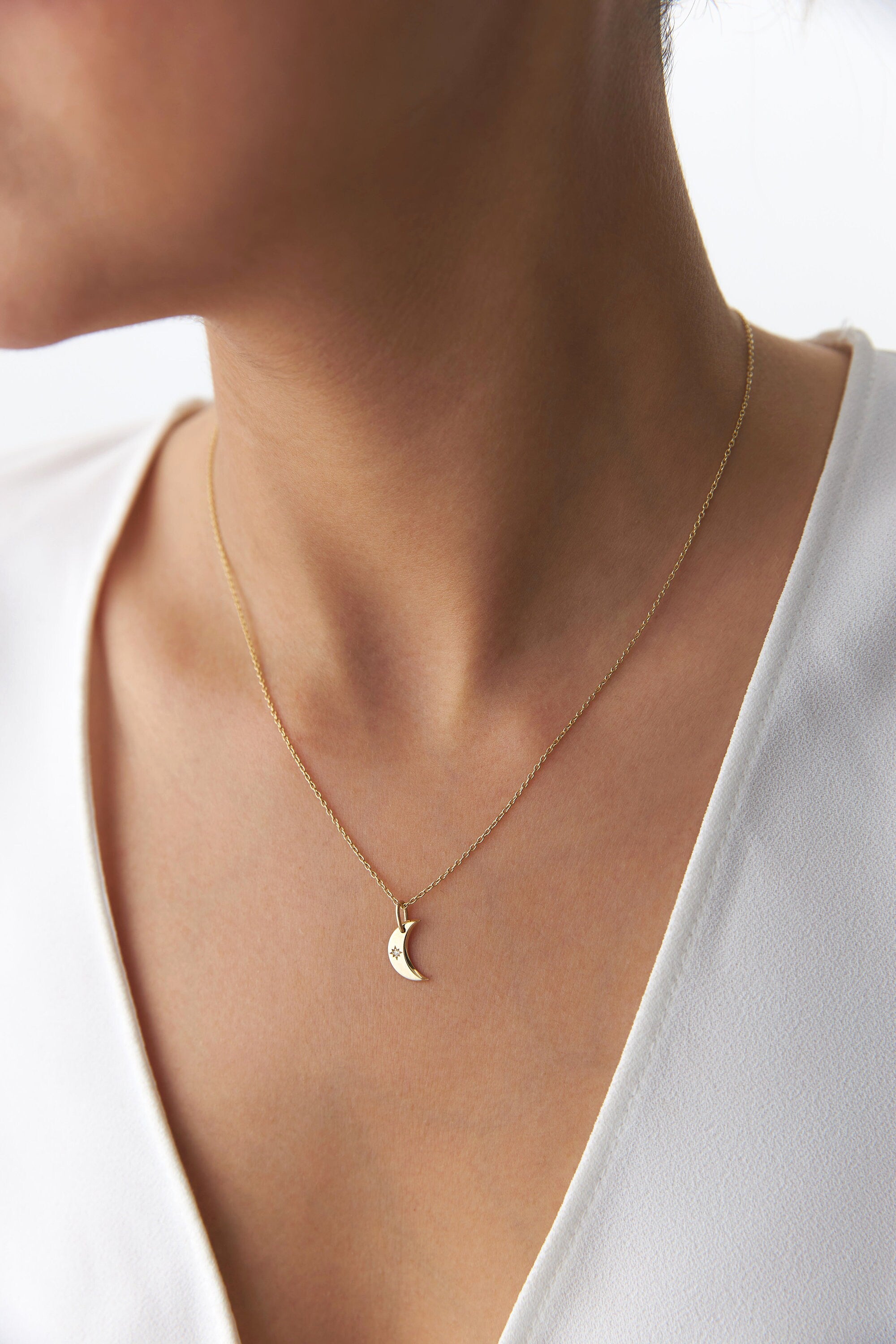 Mini Diamond Crescent Moon Necklace in 14K Gold