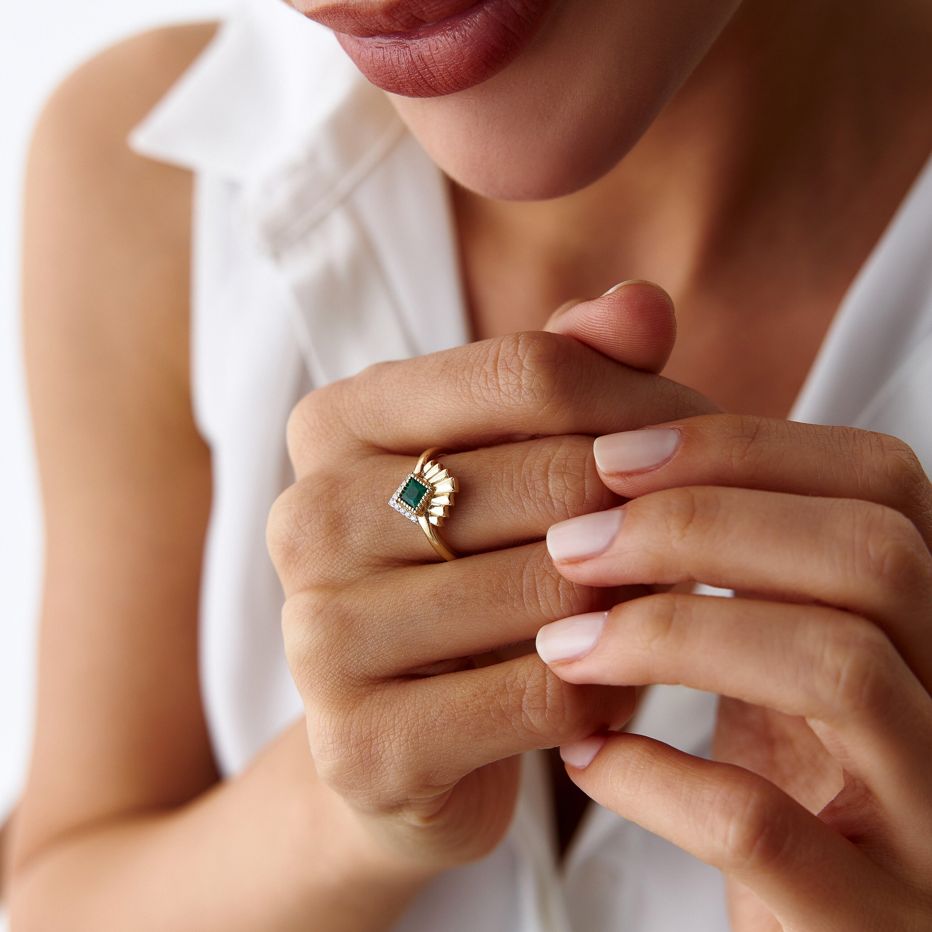 Princess Cut Emerald and Diamond Ring in 14K Gold