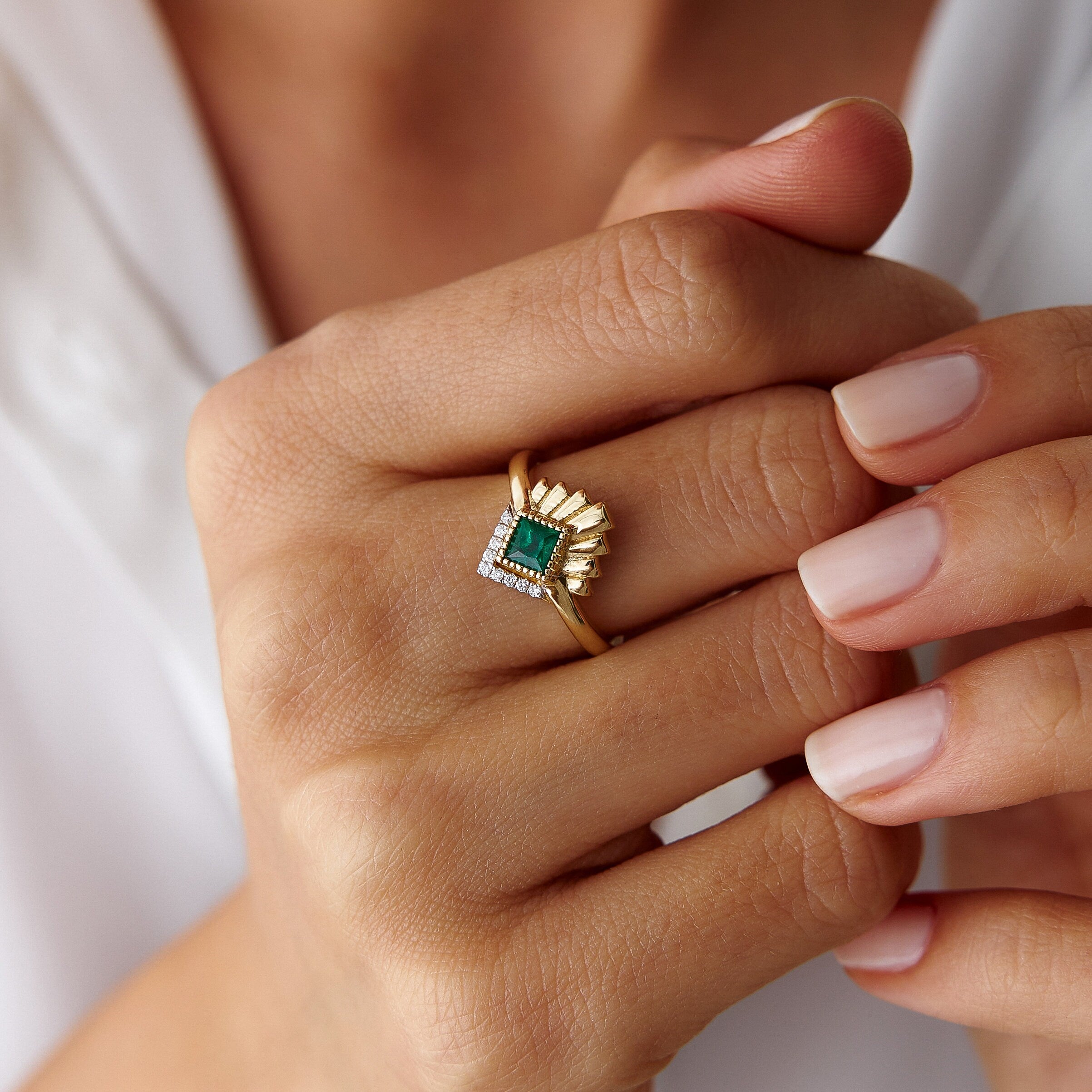 Princess Cut Emerald and Diamond Ring in 14K Gold