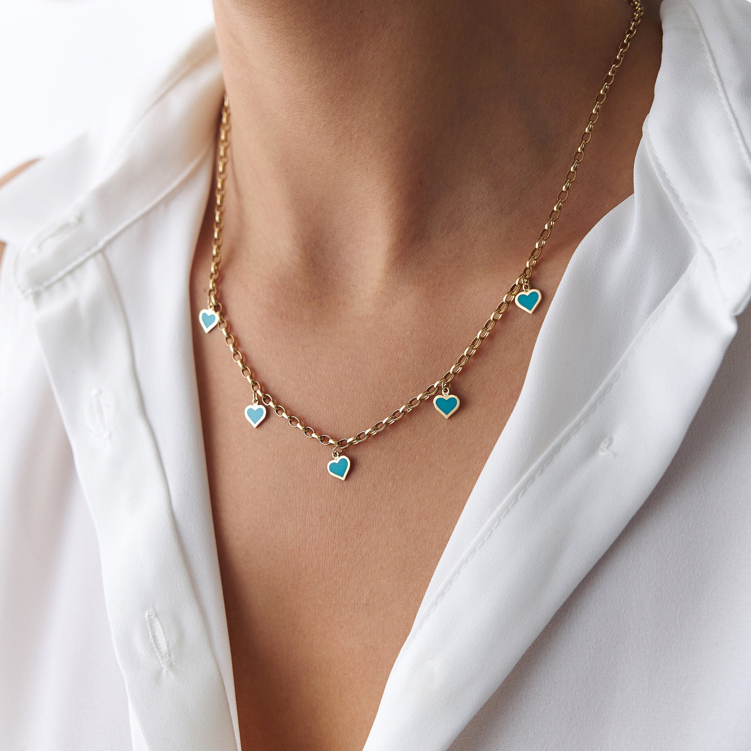 Turquoise Heart Station Necklace in 14K Gold