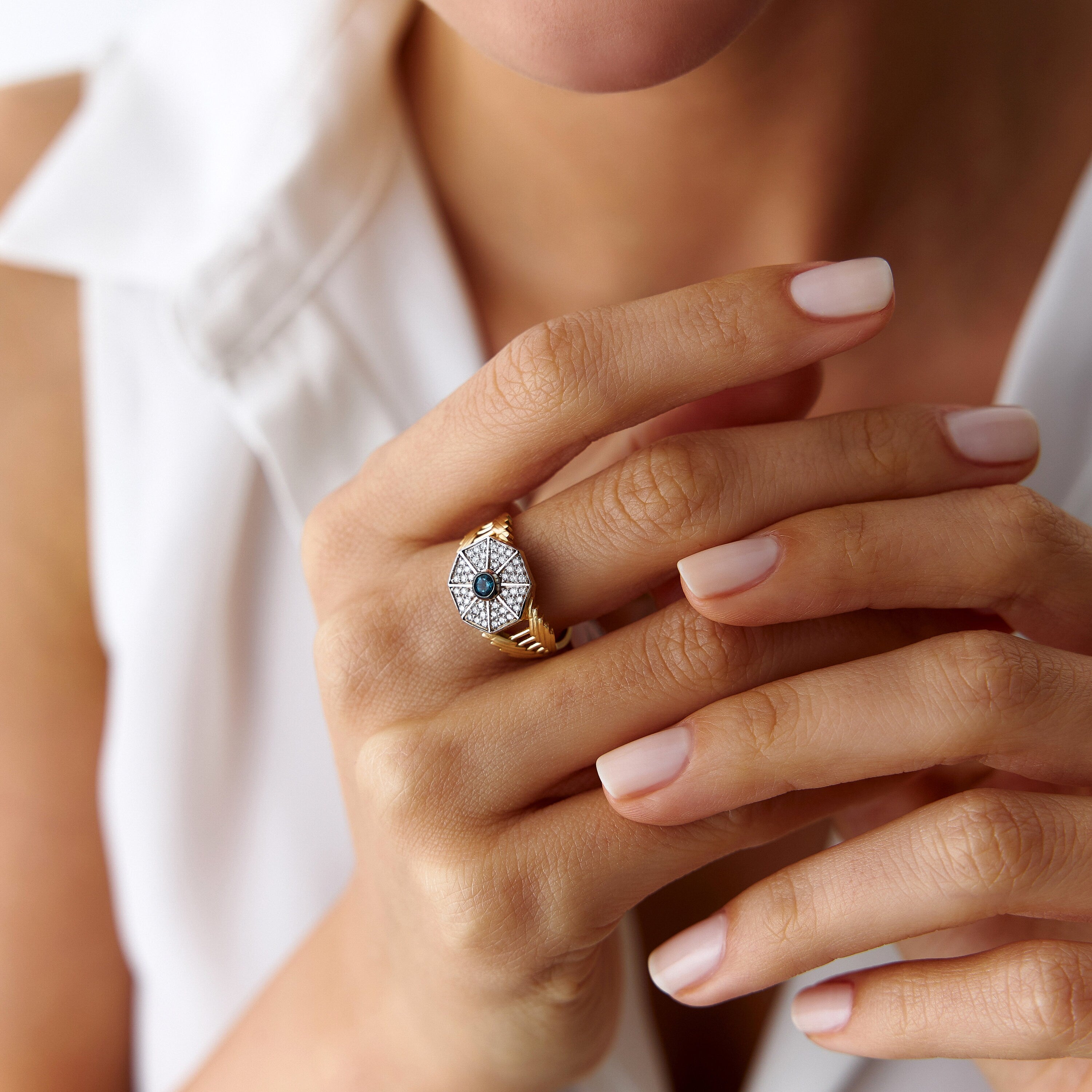 White and Blue Diamond Octagon Ring in 14K Gold
