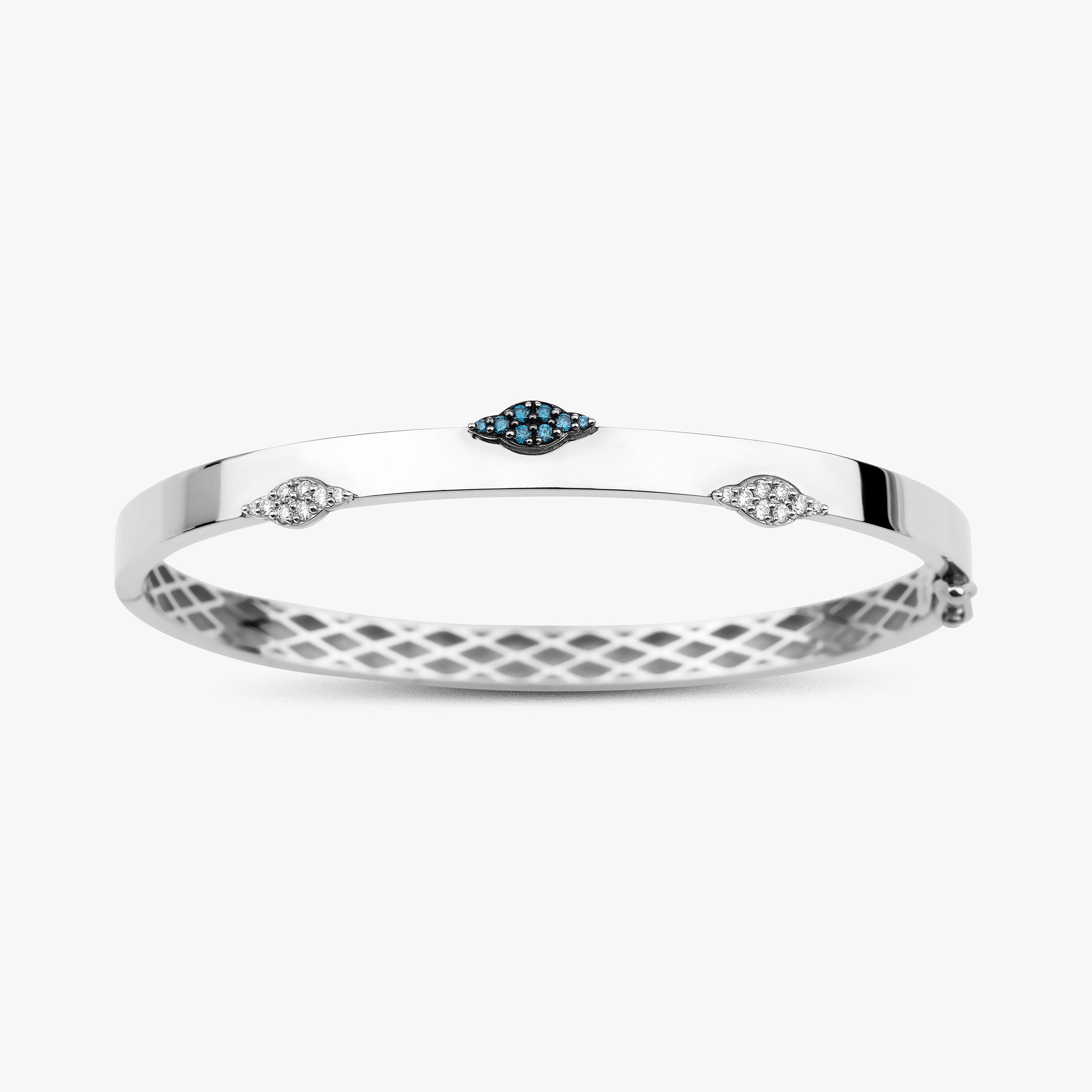 White and Blue Diamond Bangle Bracelet in 14K Gold