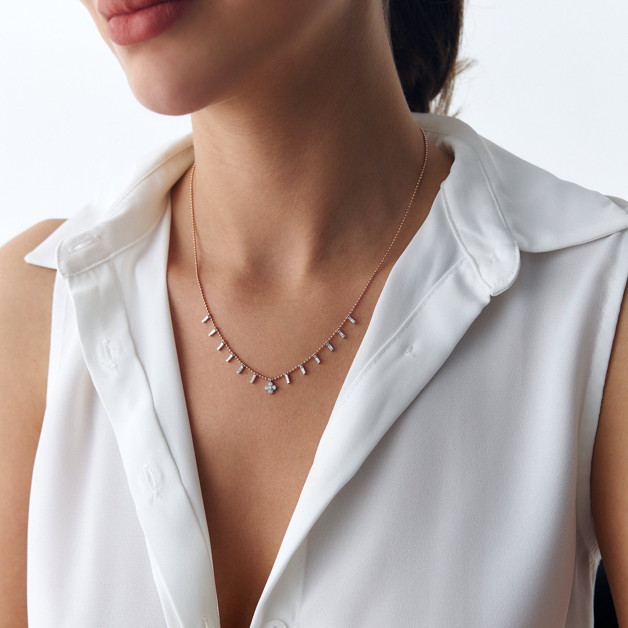 Diamond Clover Station Necklace With Baguette Cut Diamond Charms