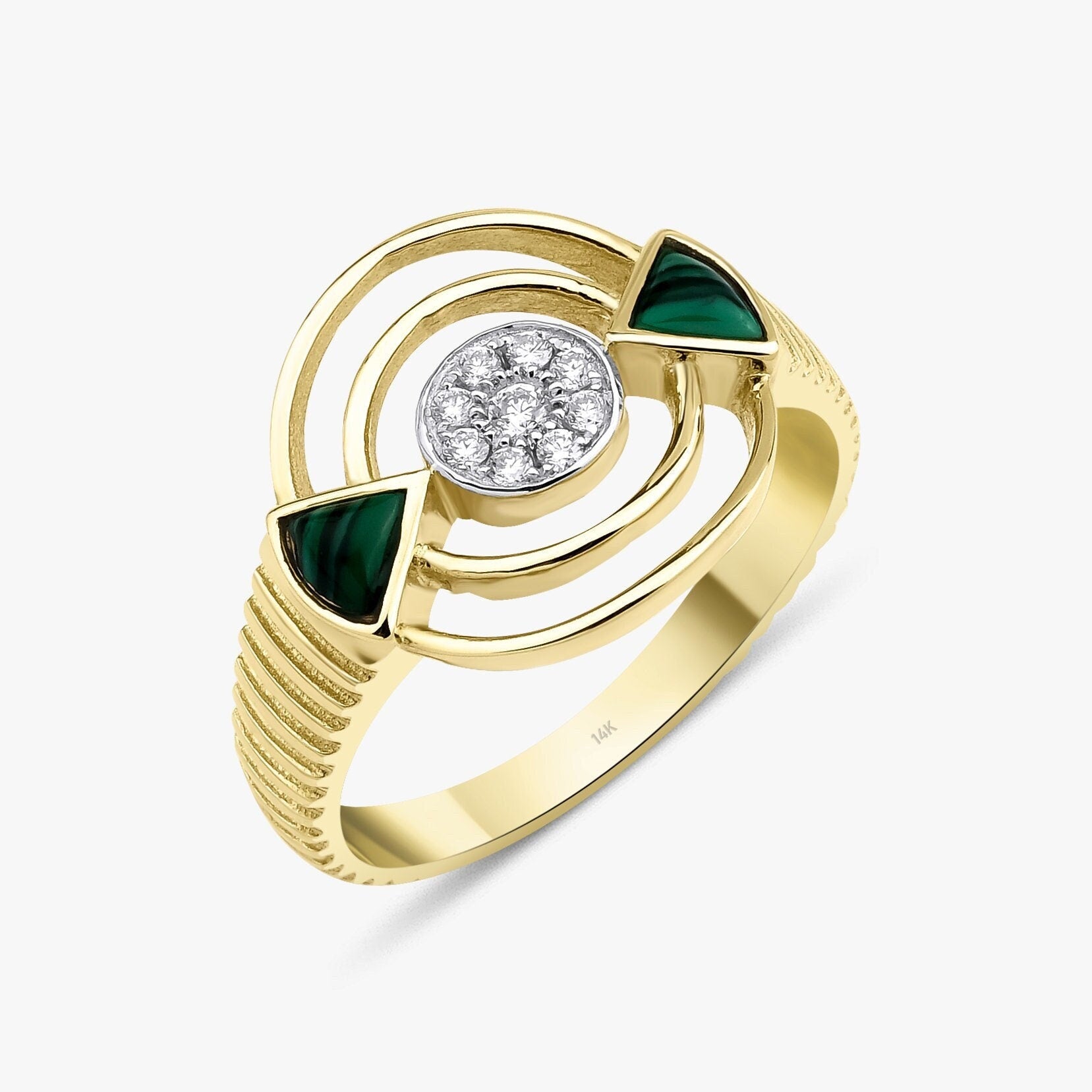 14K Gold Diamond and Malachite Ring