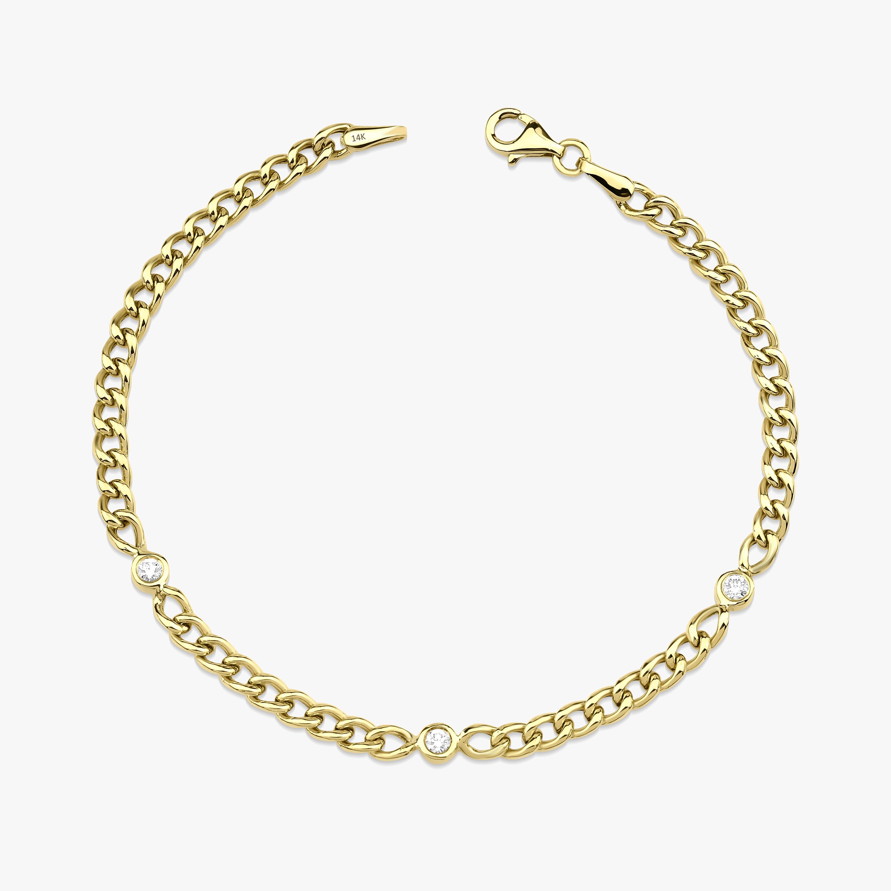 Minimal Cuban Chain Bracelet With 3 Bezel Set Diamonds in 14K Gold