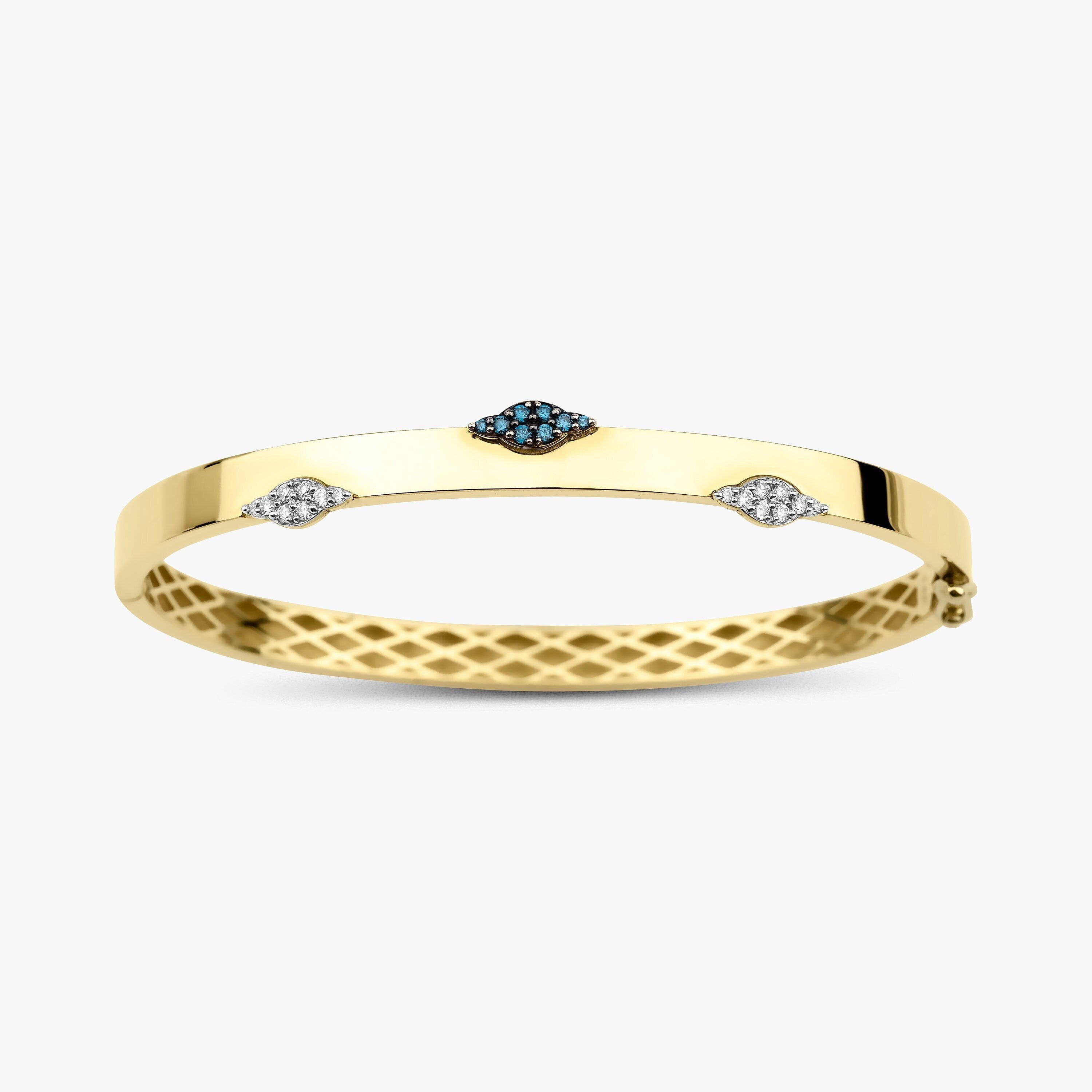 White and Blue Diamond Bangle Bracelet in 14K Gold