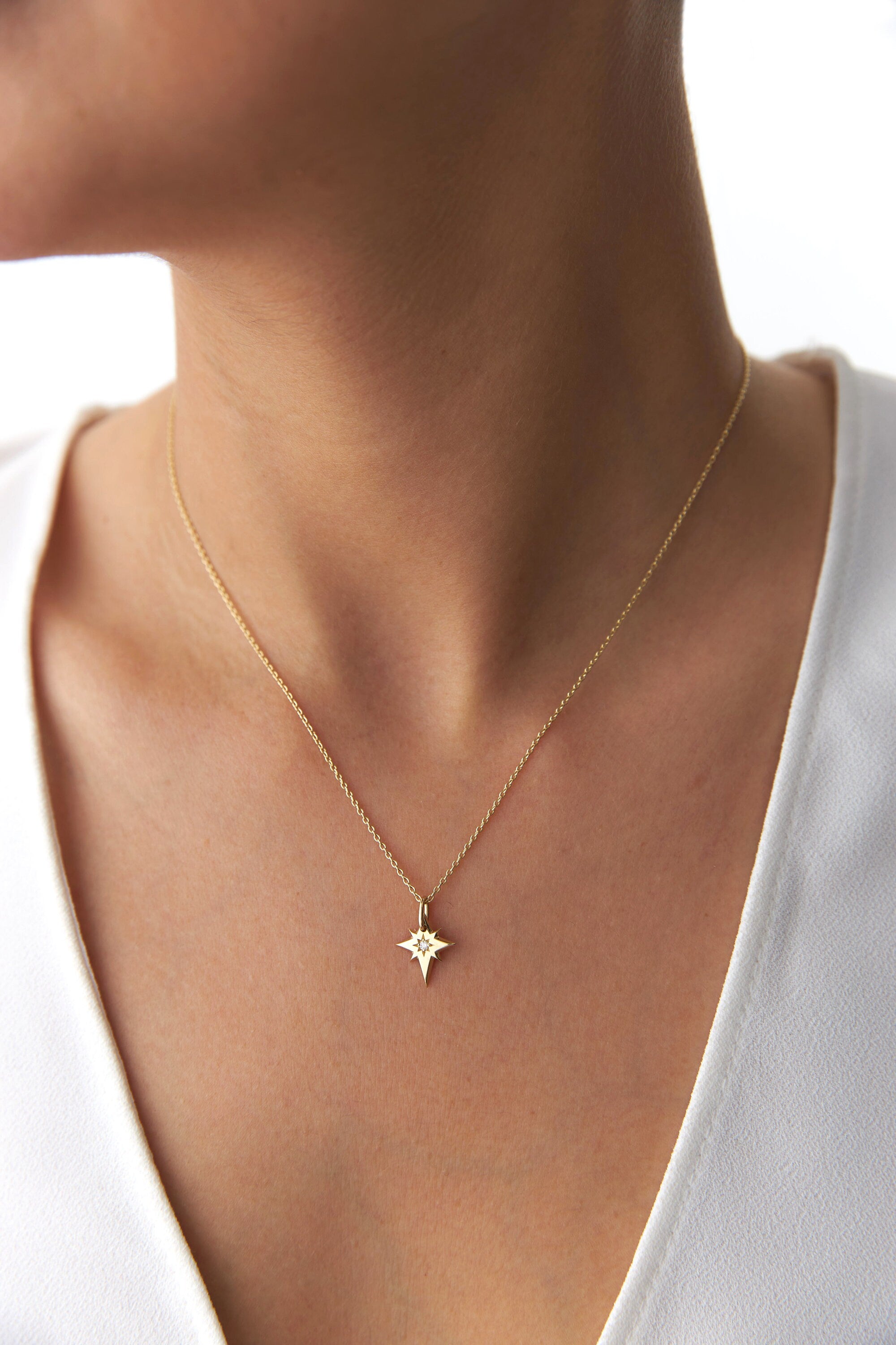 Tiny Diamond North Star Necklace in 14K Gold