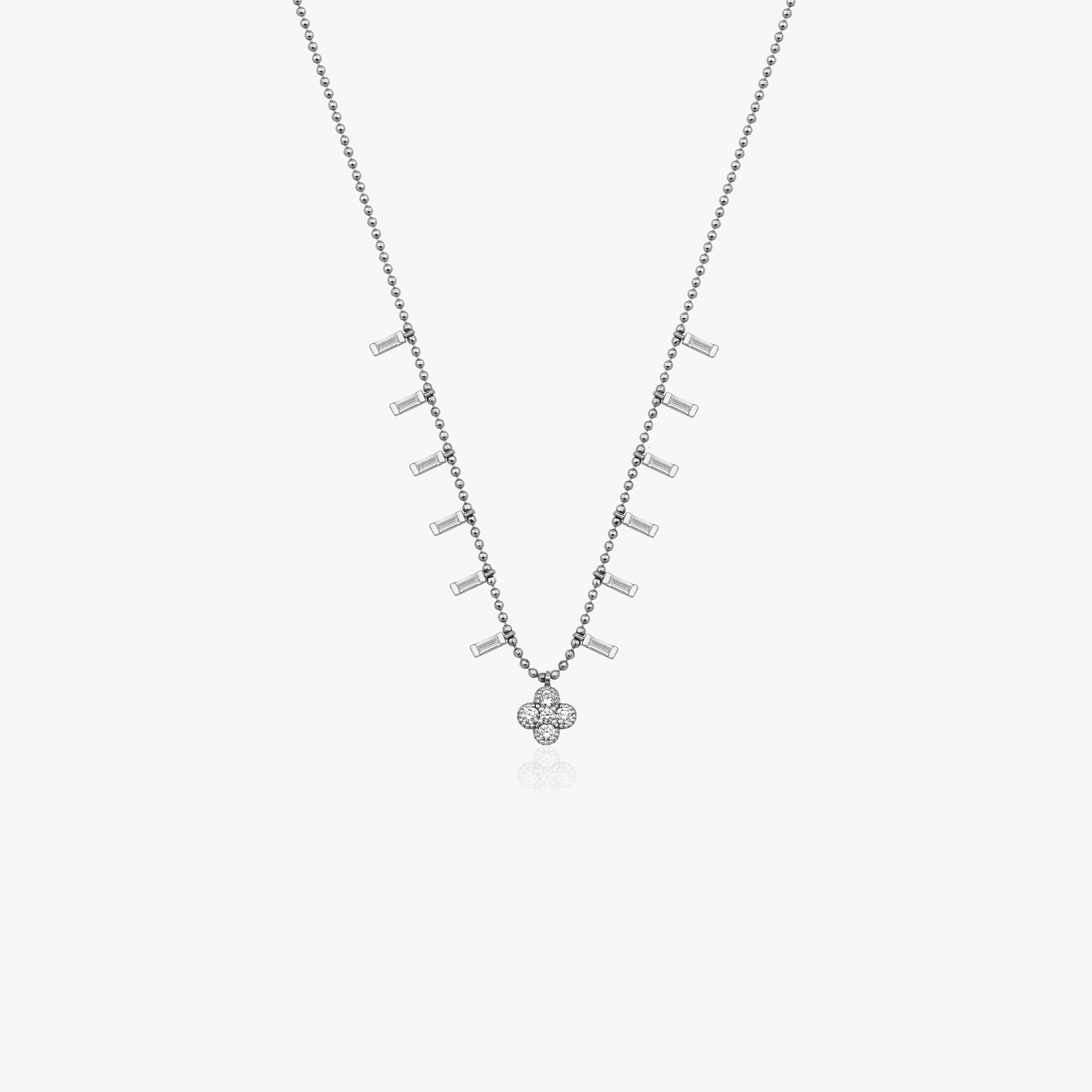 Diamond Clover Station Necklace With Baguette Cut Diamond Charms