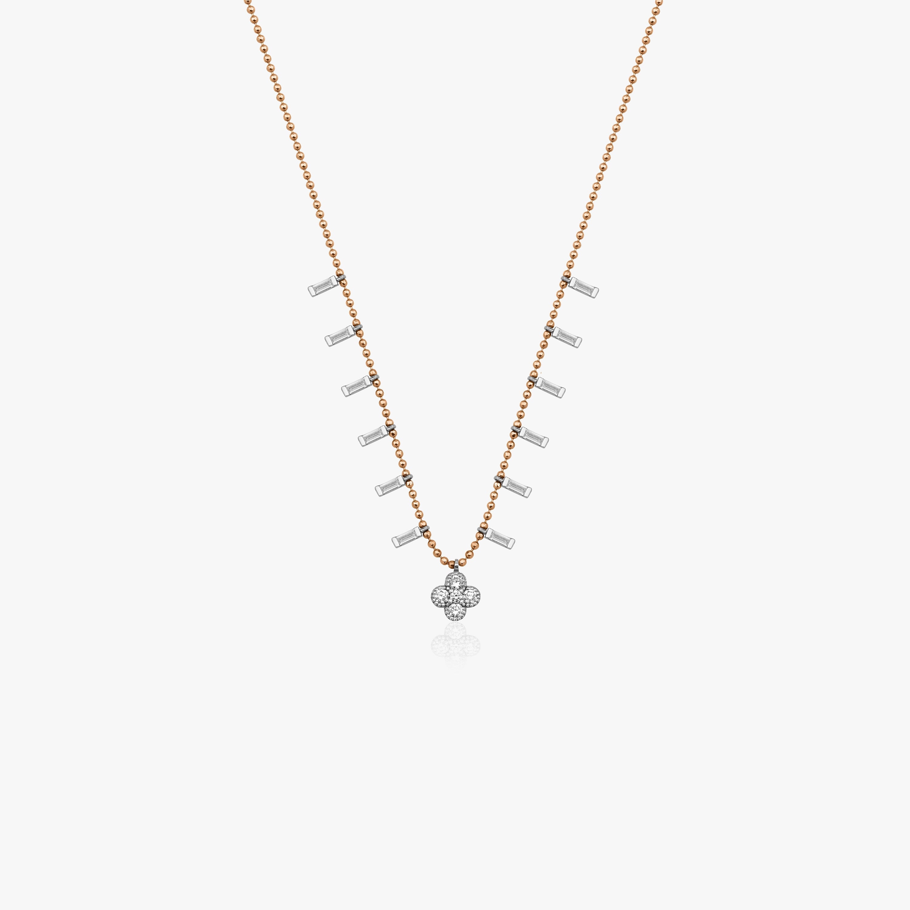 Diamond Clover Station Necklace With Baguette Cut Diamond Charms