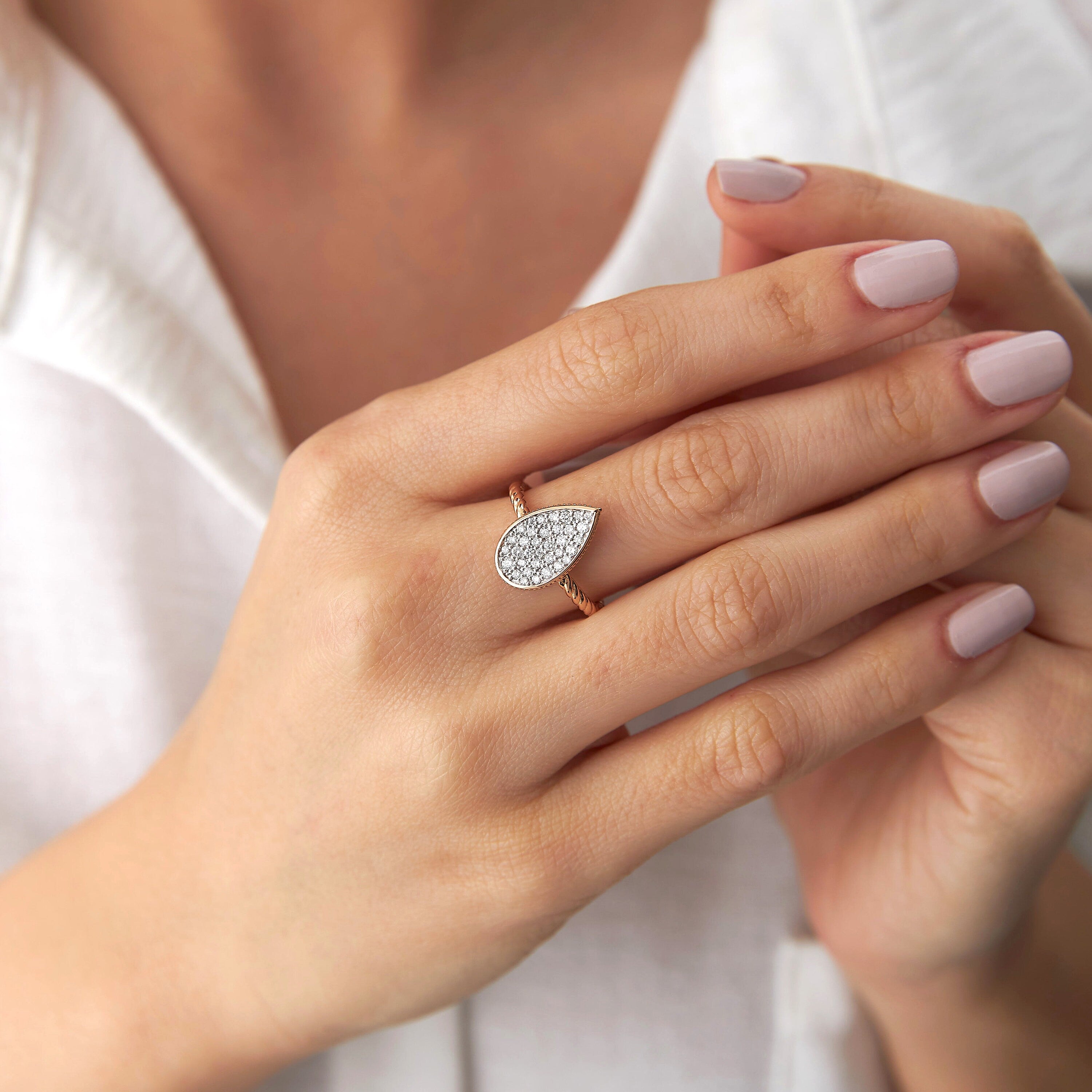 Pave Diamond Drop Ring in 14K Gold