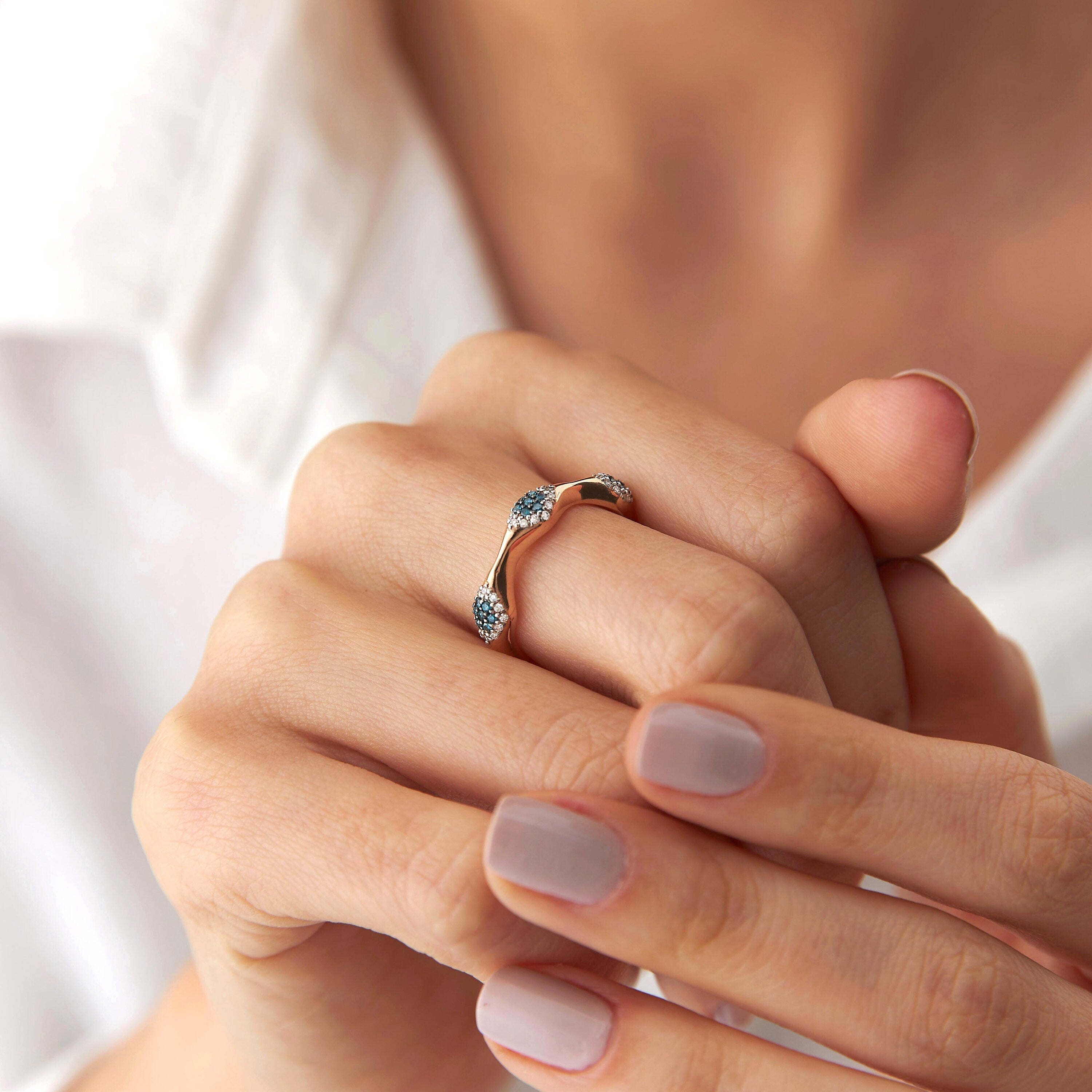 Blue and White Diamond 3 Eye Ring