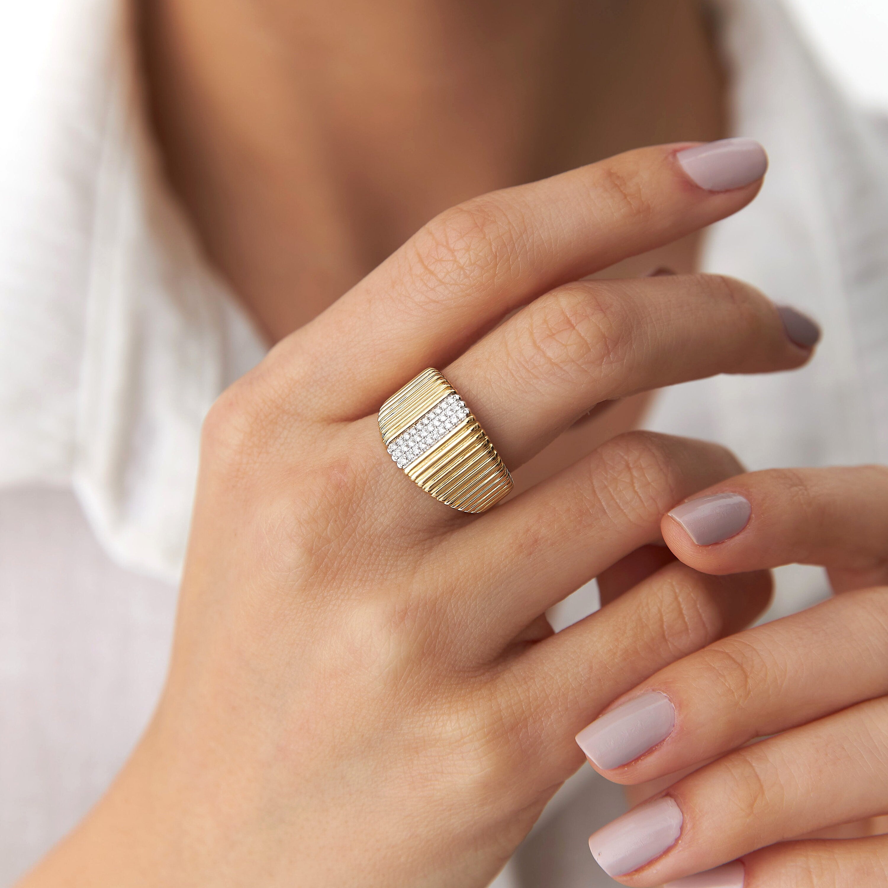 Textured Diamond Pave Line Ring in 14K Gold