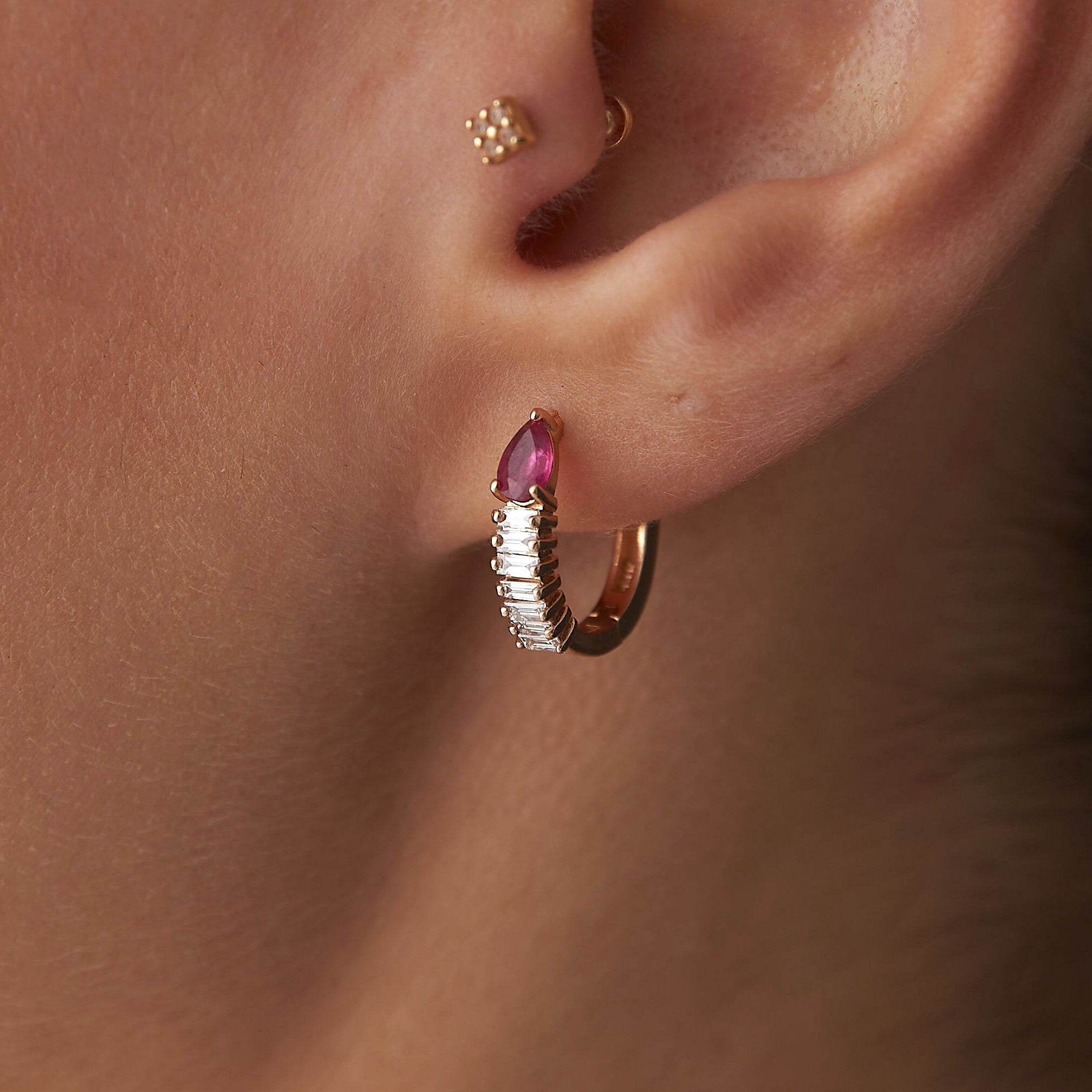 Baguette Cut Ruby and Diamond Hoop Earrings Available in 14K and 18K Gold