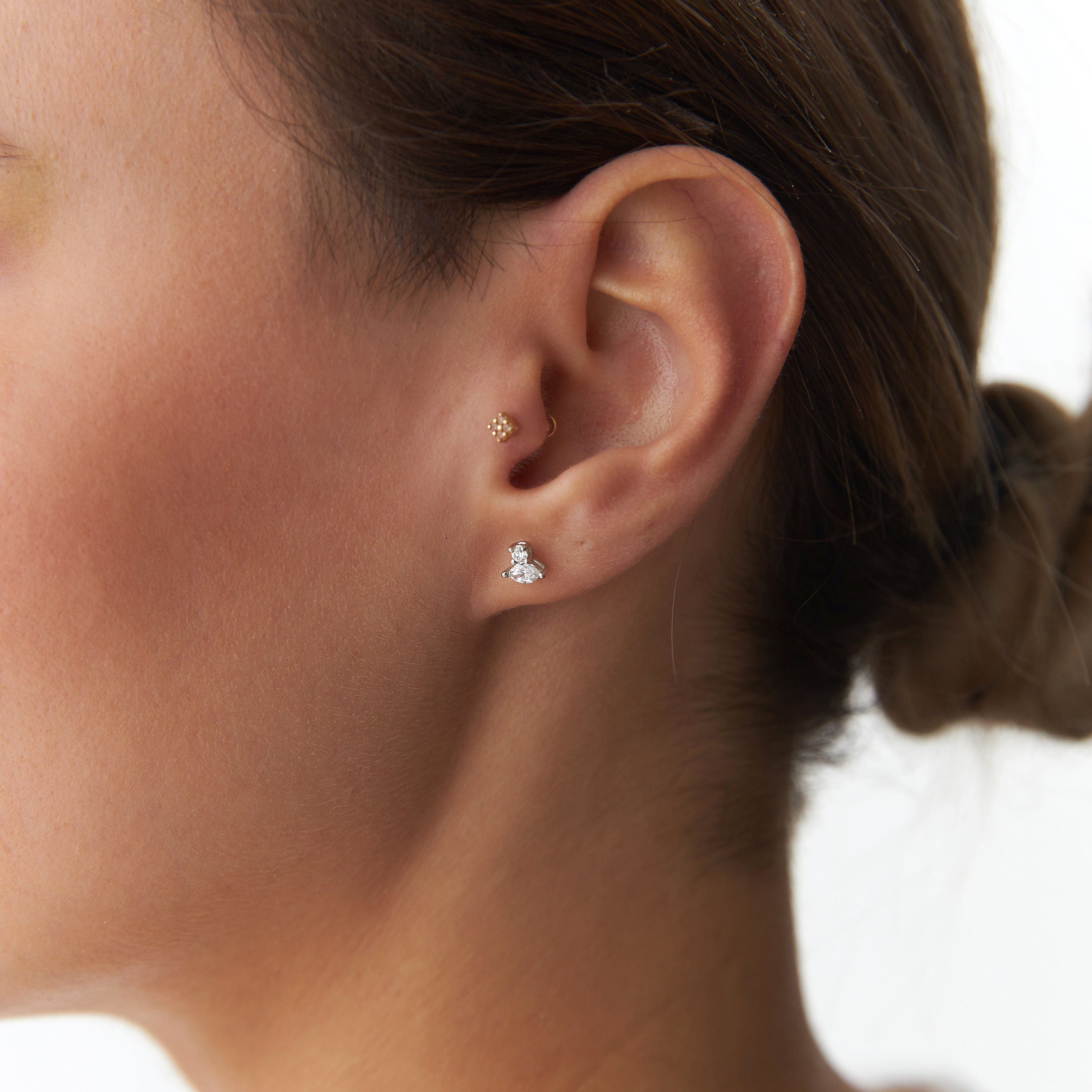 Marquise and Round Cut Diamond Studs Available in 14K and 18K Gold
