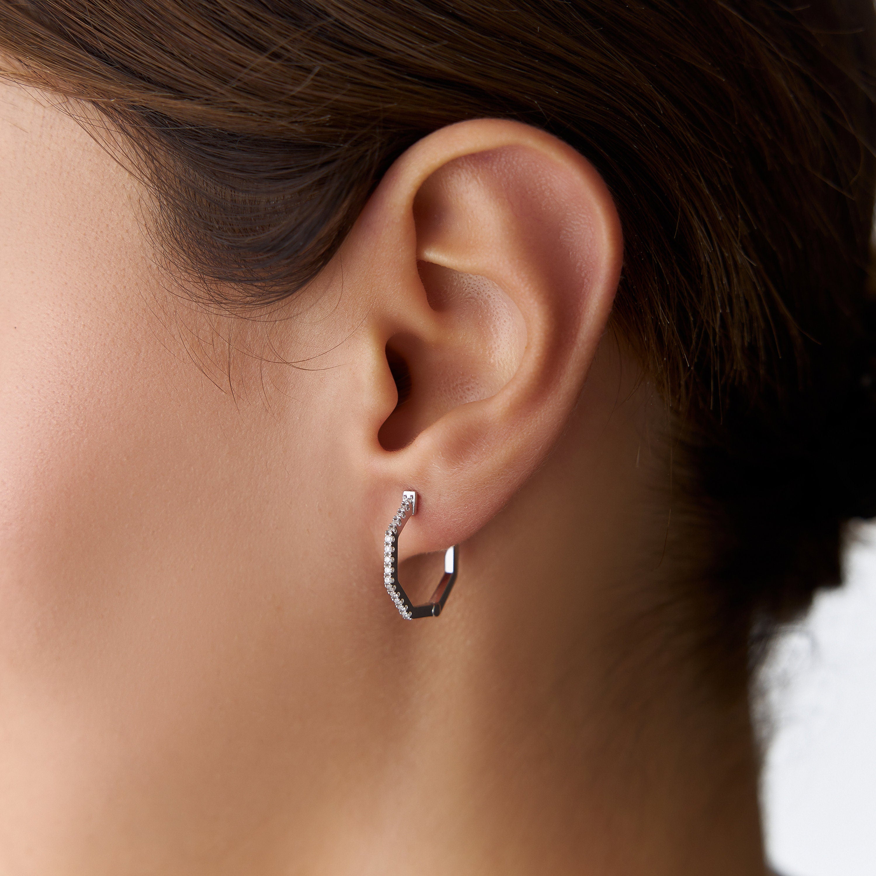 Diamond Geometric Huggie Hoop Earrings in 14K and 18K Gold