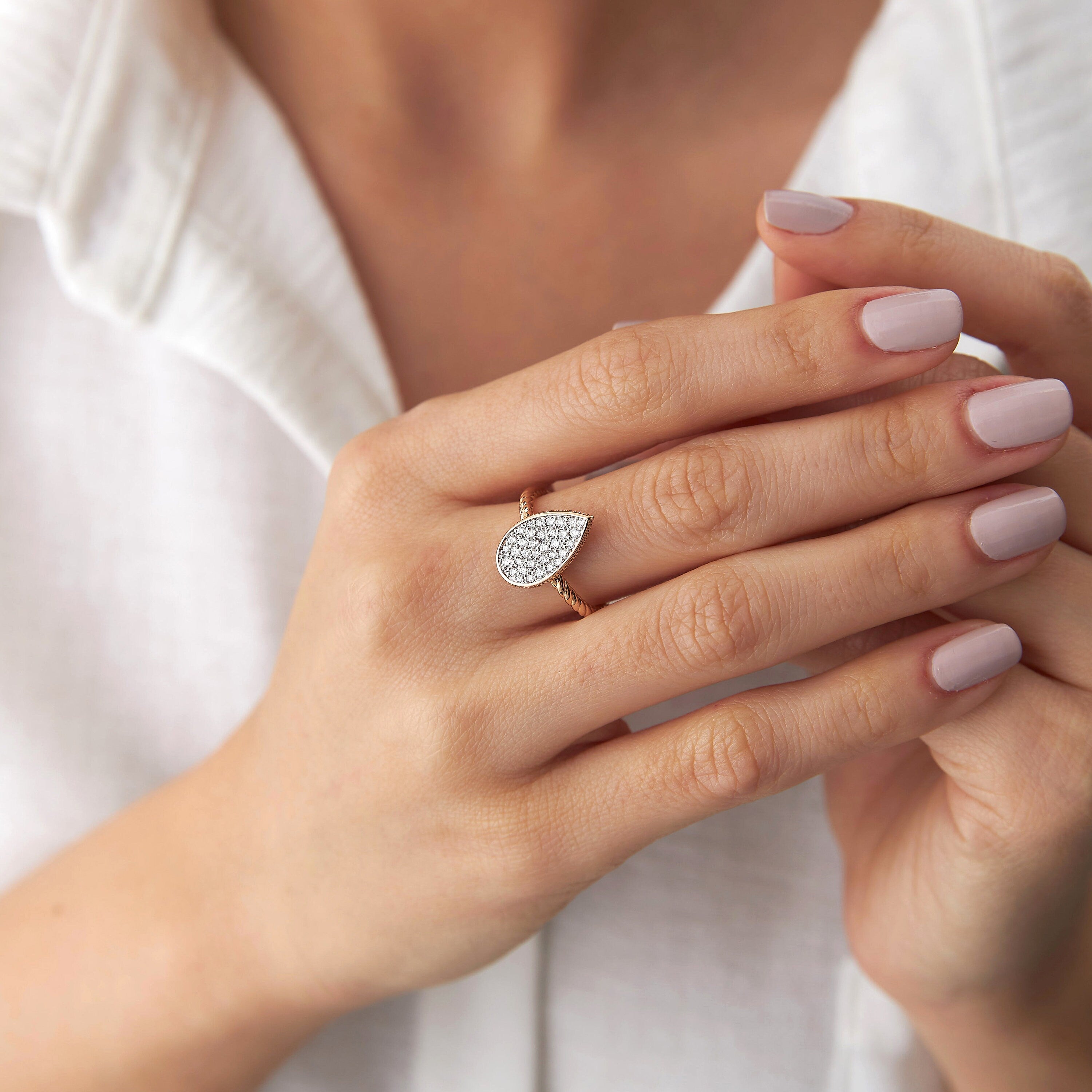 Pave Diamond Drop Ring in 14K Gold