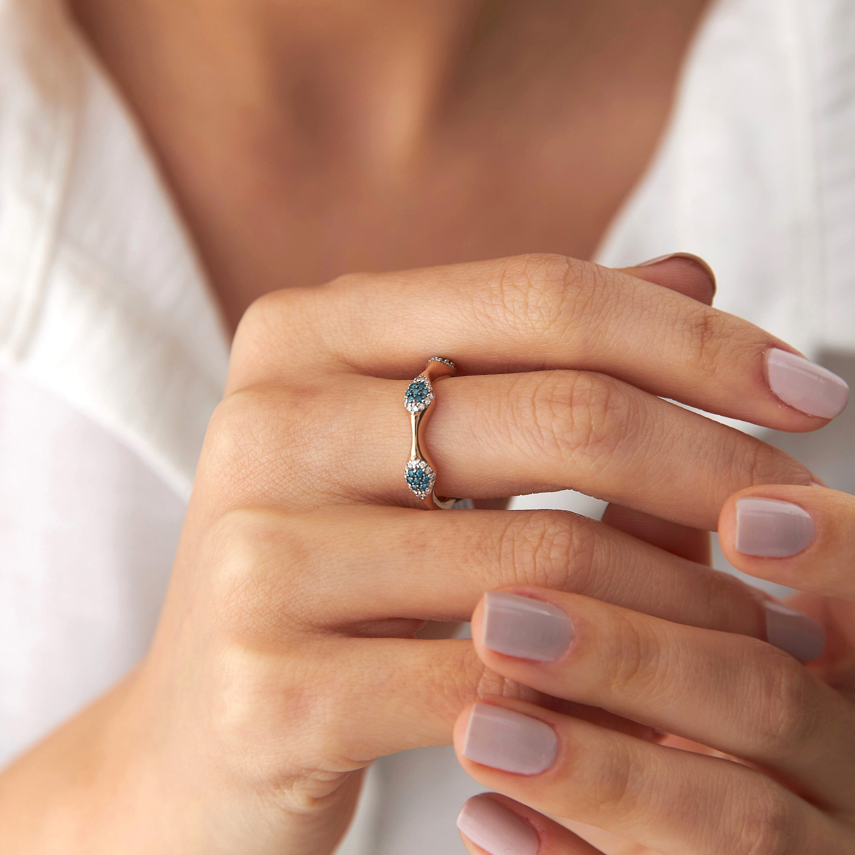 Blue and White Diamond 3 Eye Ring