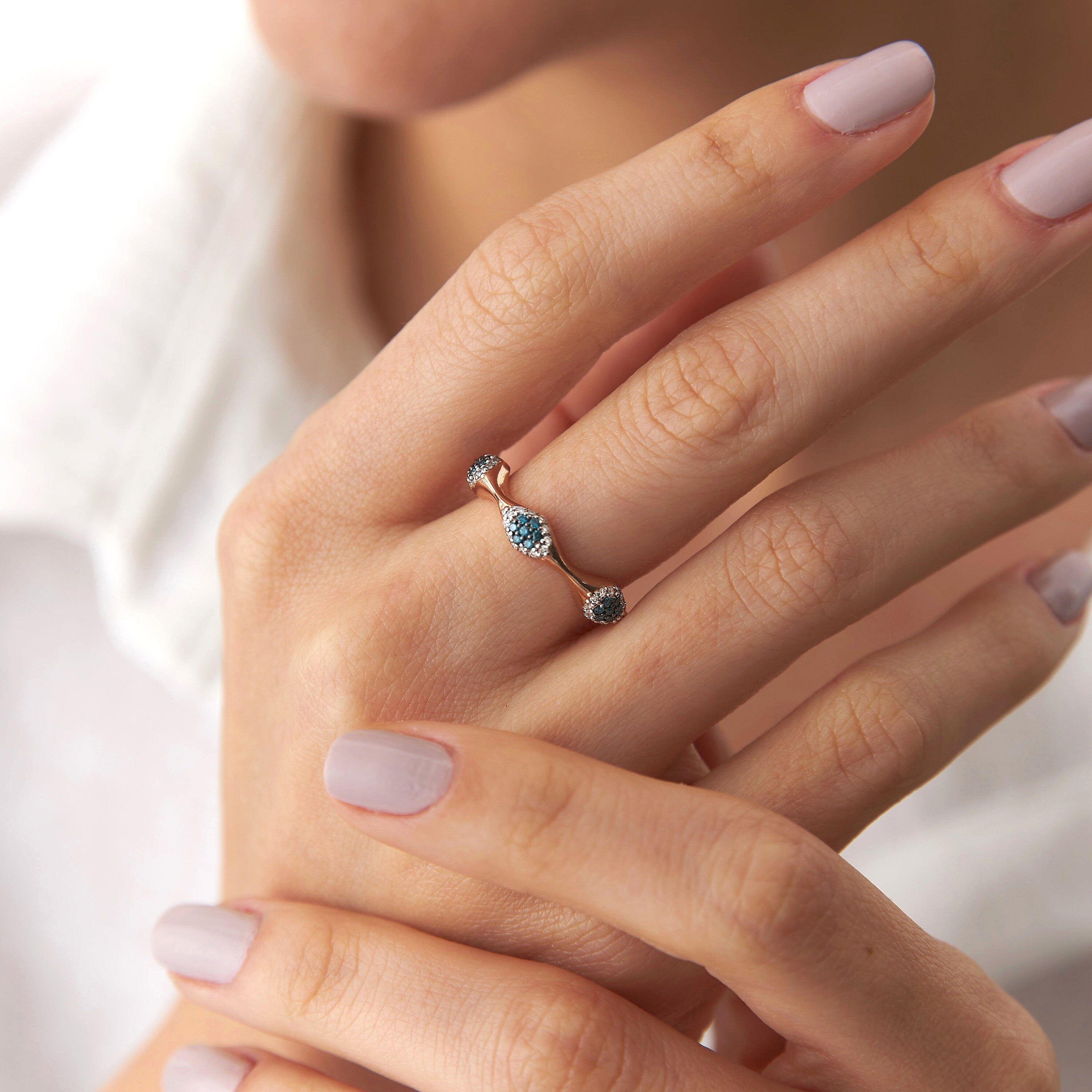 Blue and White Diamond 3 Eye Ring