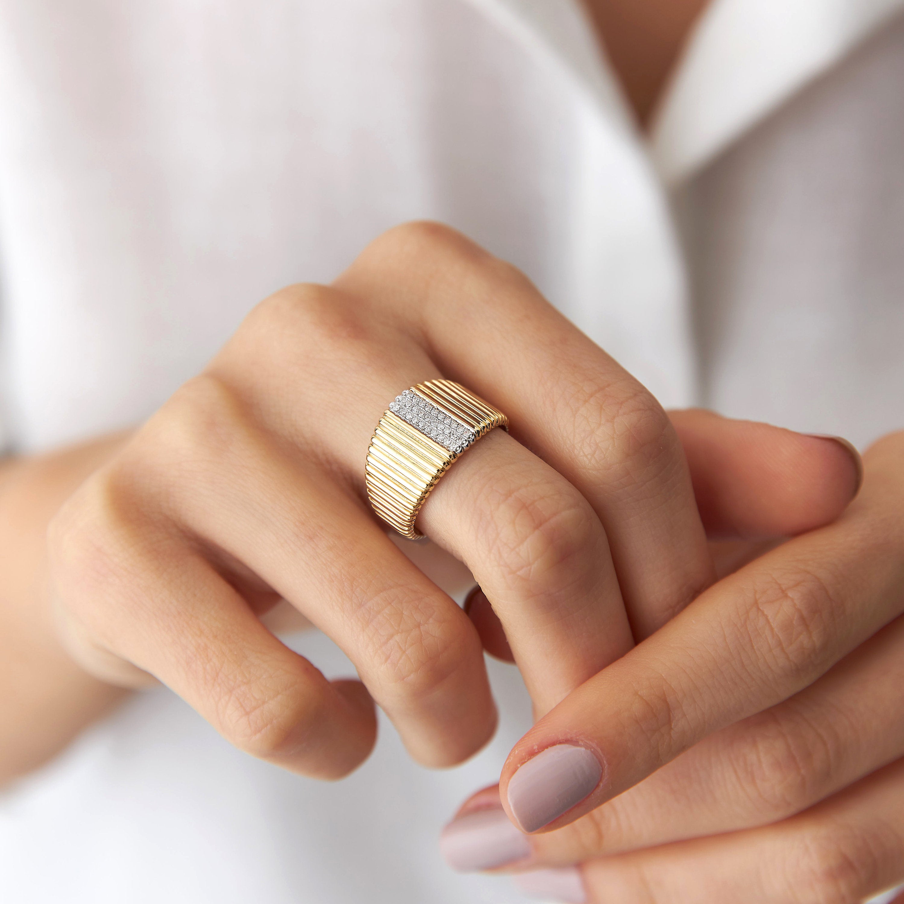 Textured Diamond Pave Line Ring in 14K Gold