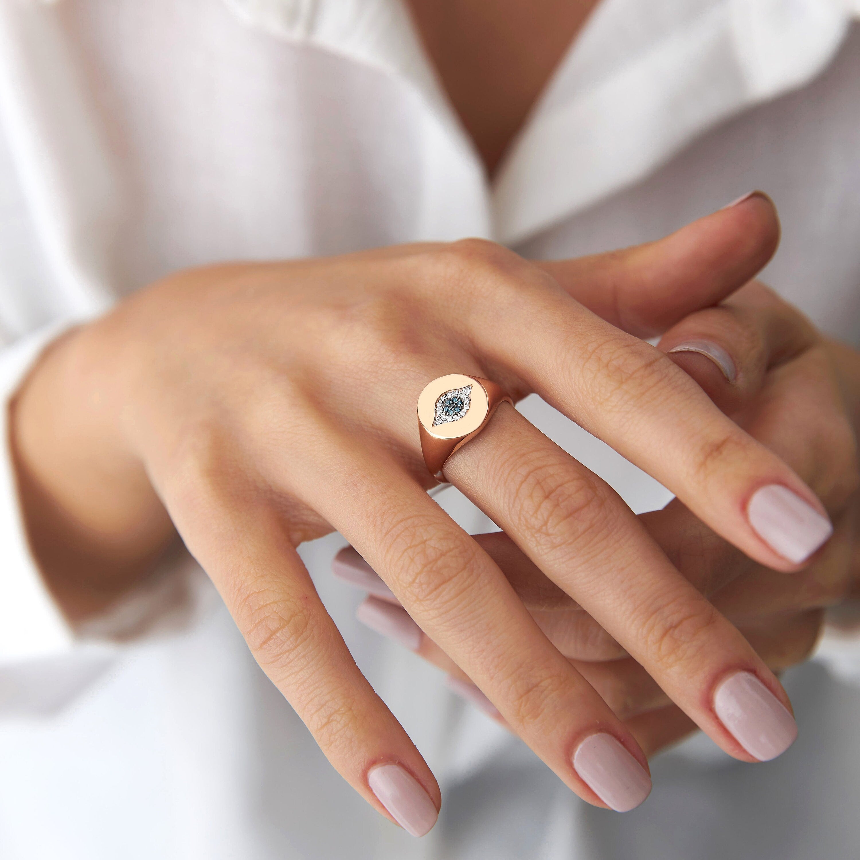 White and Blue Diamond Evil Eye Ring in 14K Gold