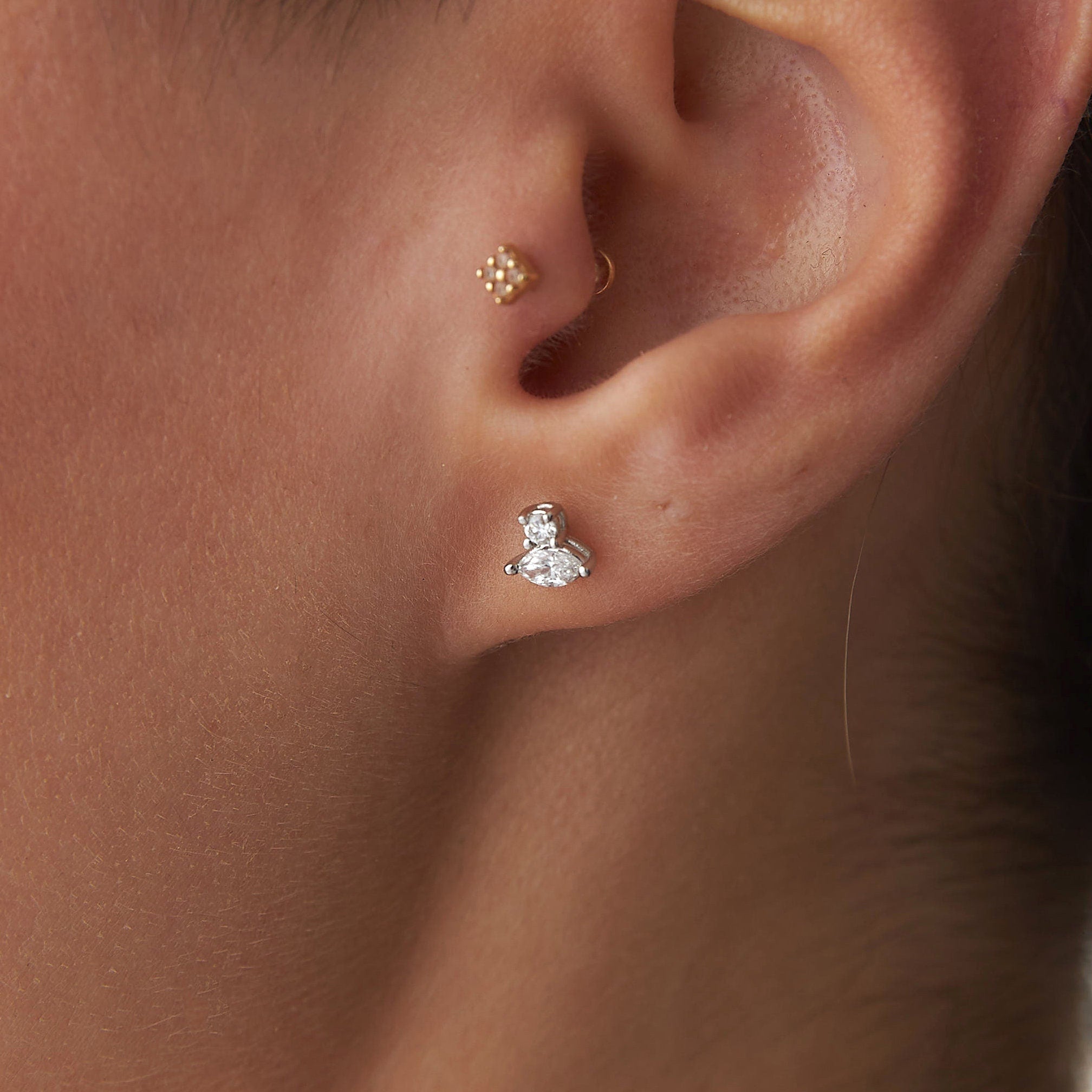 Marquise and Round Cut Diamond Studs Available in 14K and 18K Gold