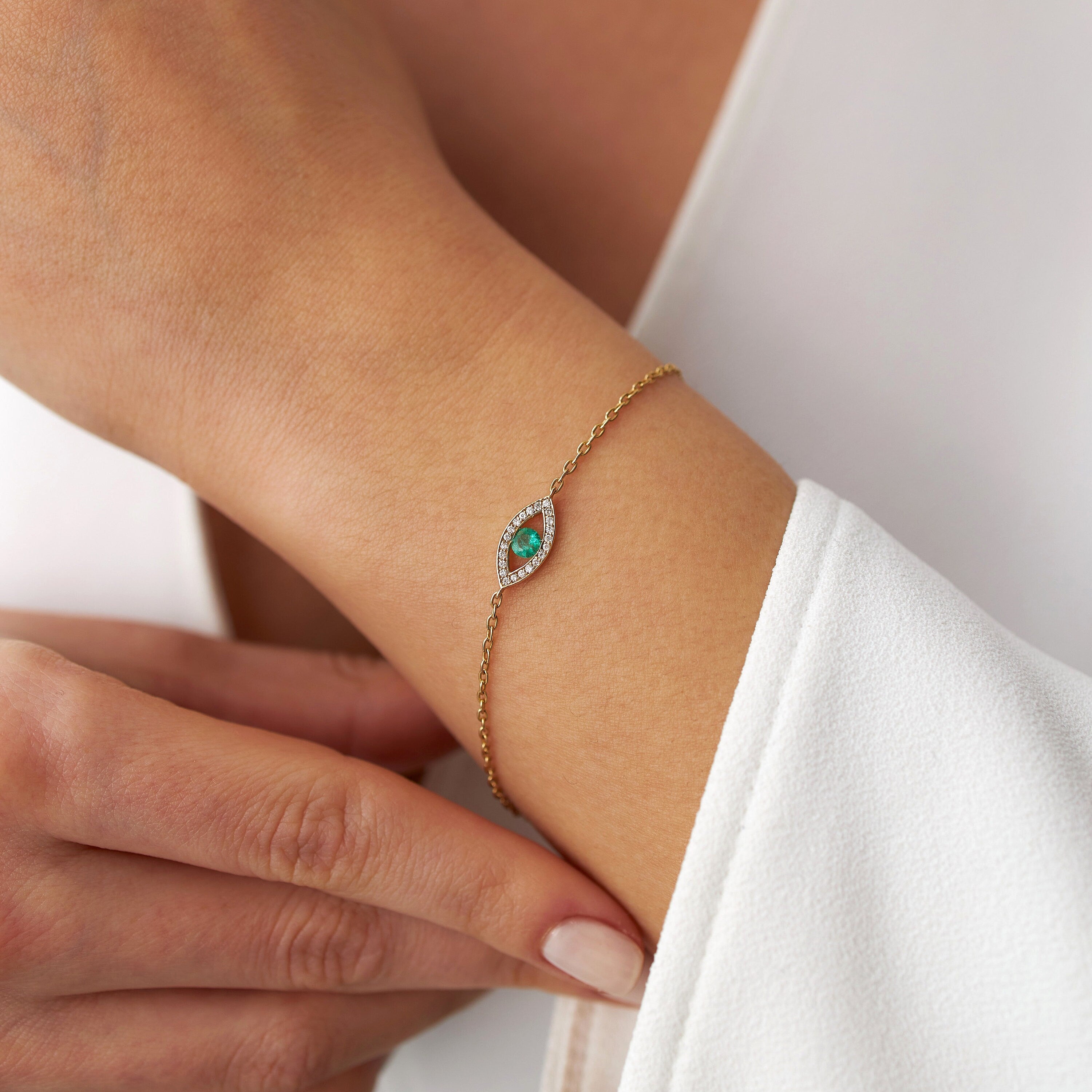 Emerald and Diamond Evil Eye Bracelet Available in 14K Gold and 18K Gold