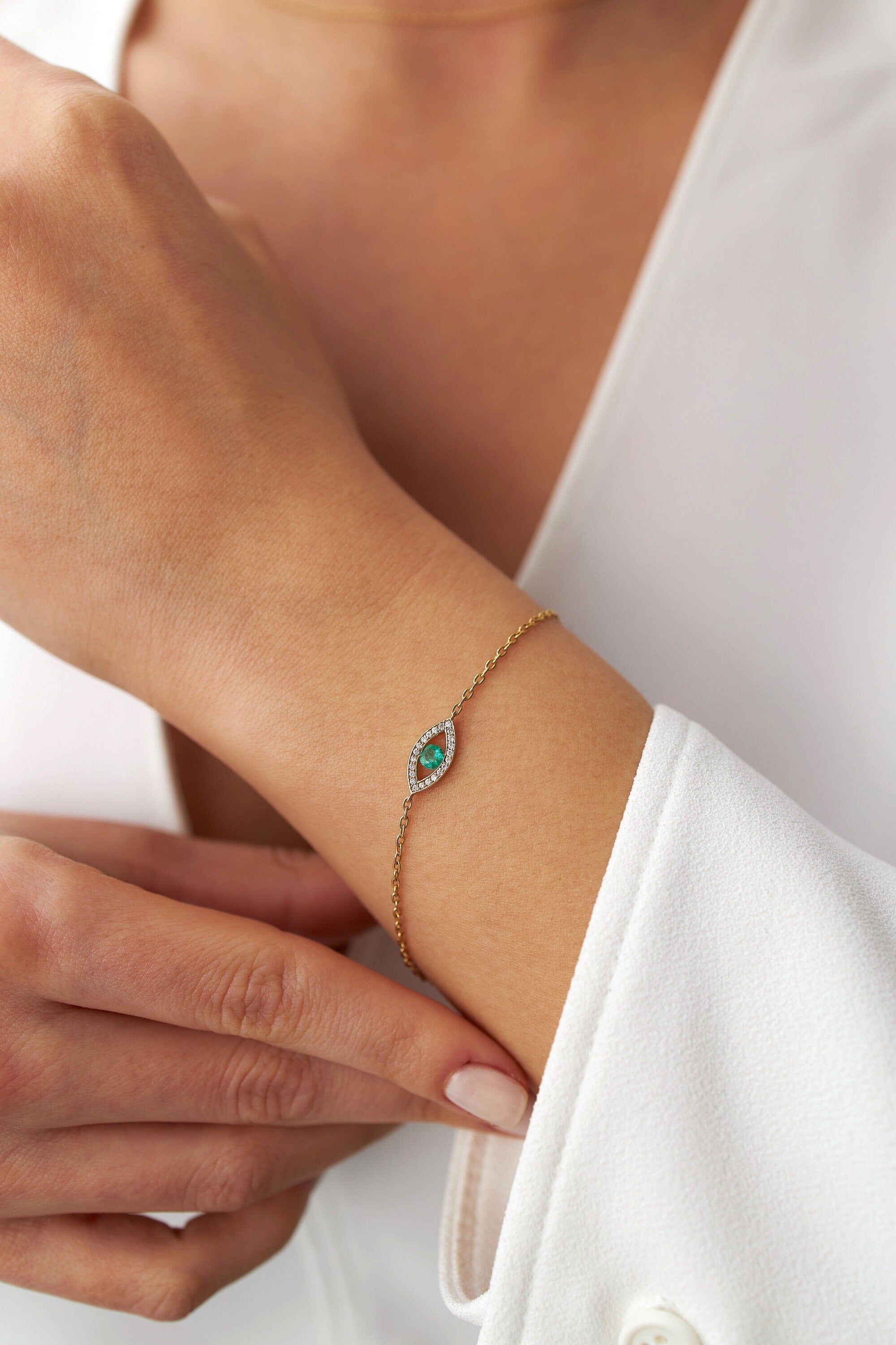 Emerald and Diamond Evil Eye Bracelet Available in 14K Gold and 18K Gold