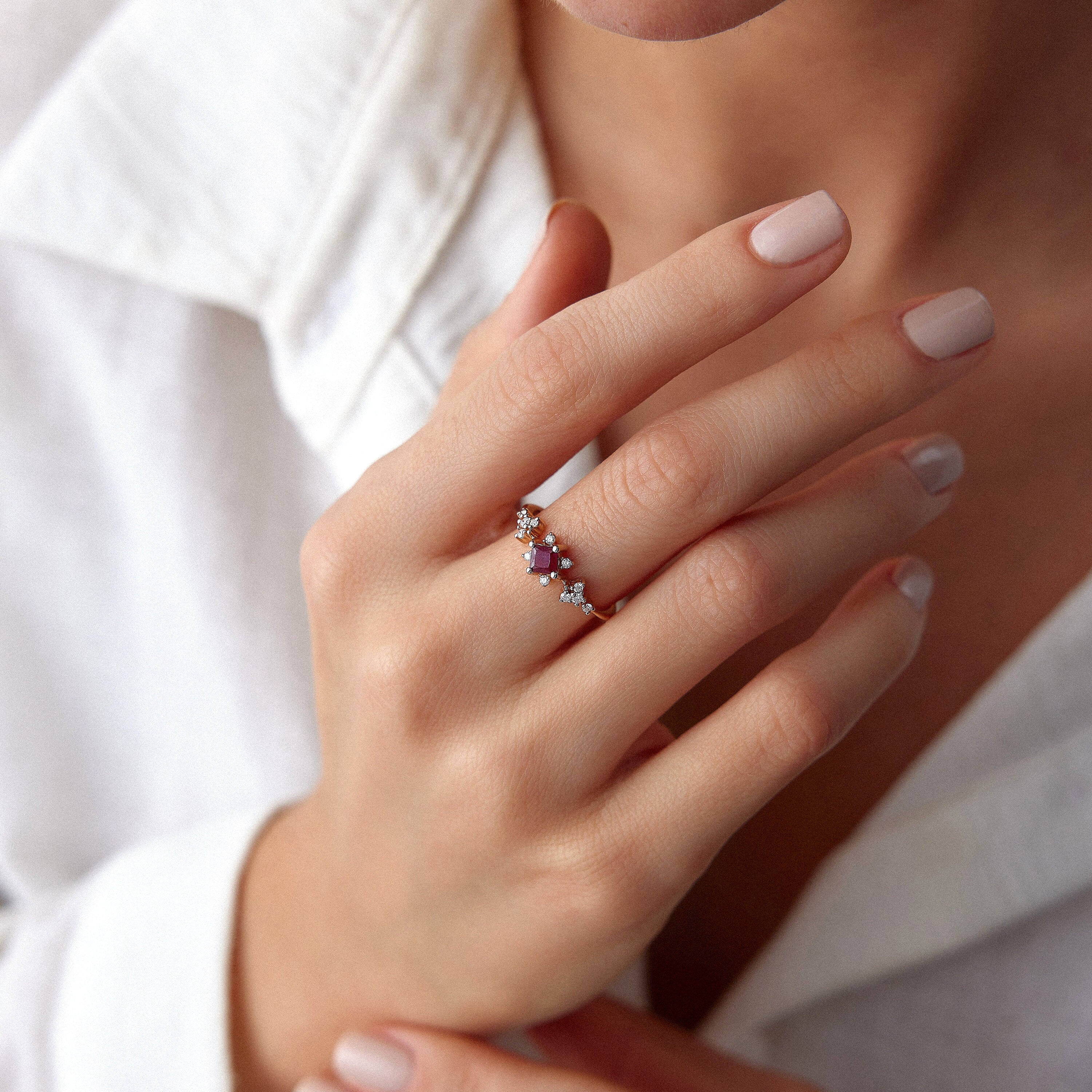 Princess Cut Ruby and Diamond Ring in 14K Gold