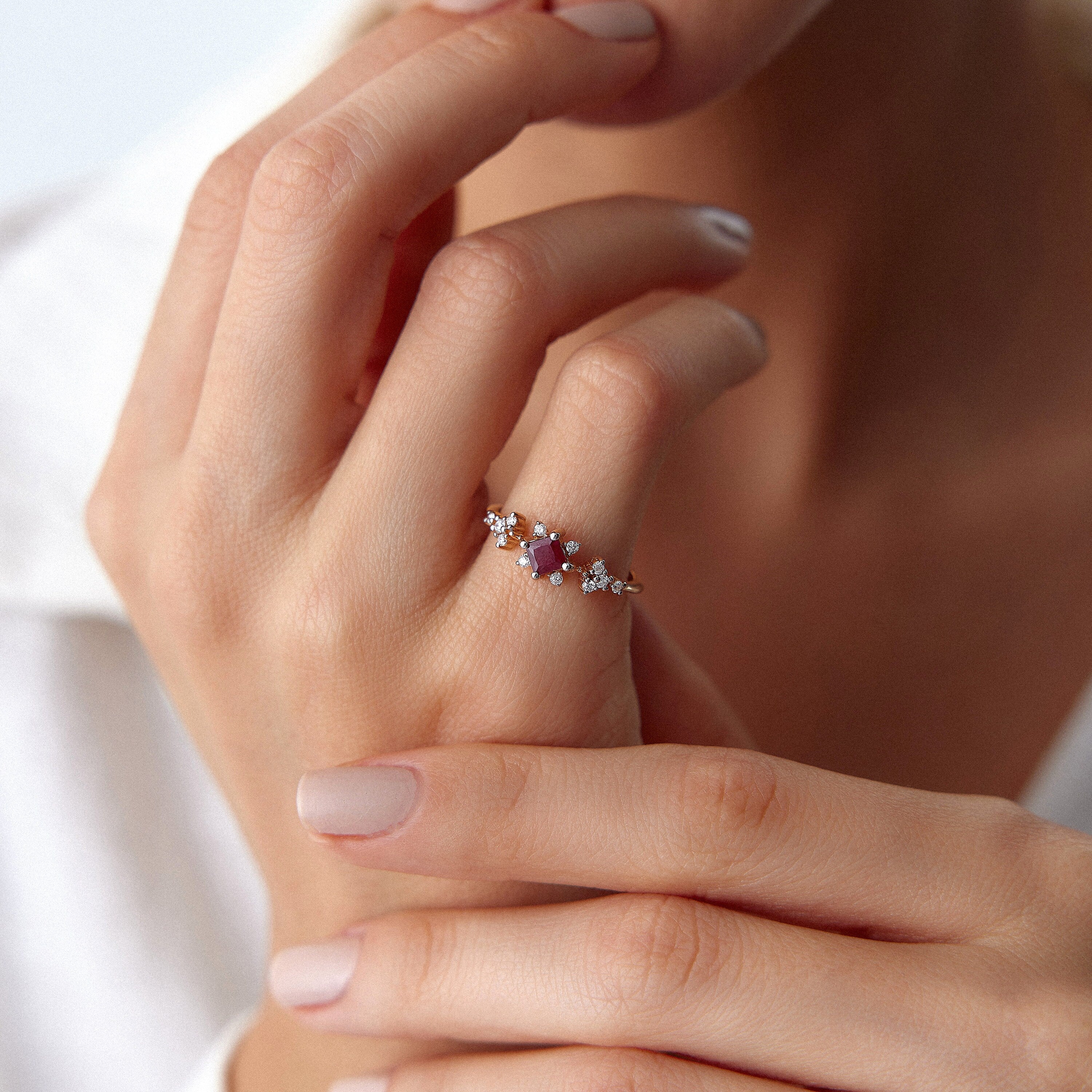 Princess Cut Ruby and Diamond Ring in 14K Gold