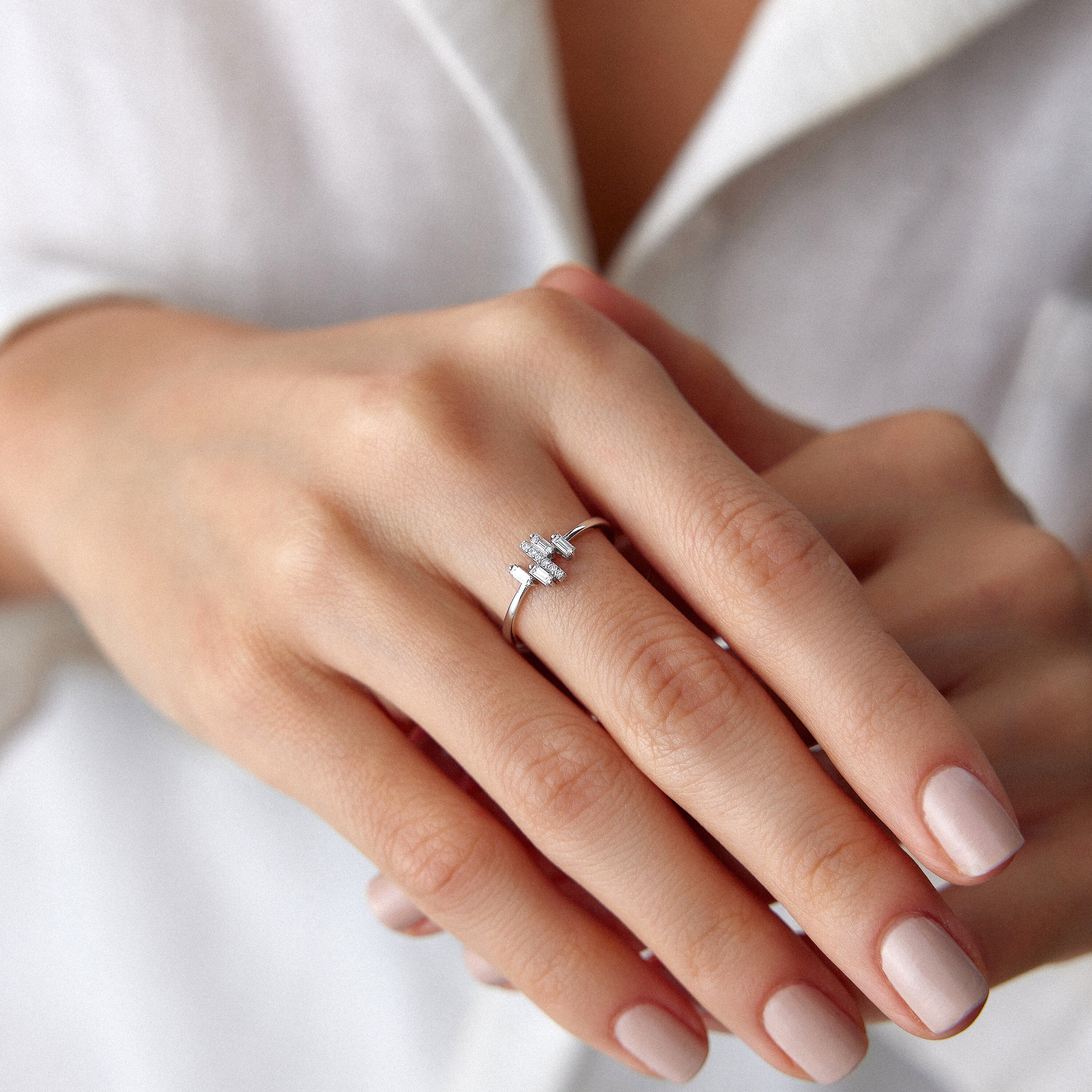 Dainty Baguette and Round Cut Diamond Ring in 14K Gold