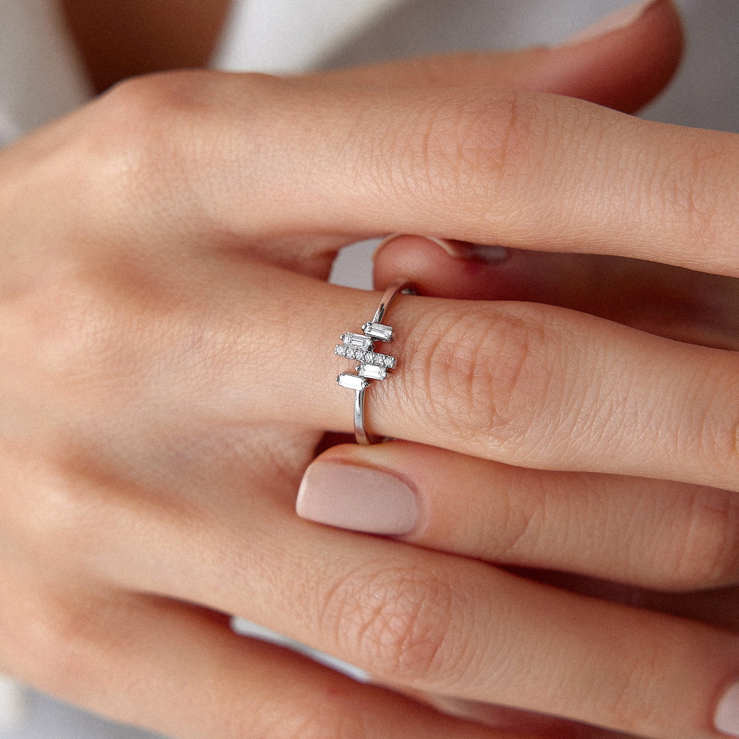 Dainty Baguette and Round Cut Diamond Ring in 14K Gold