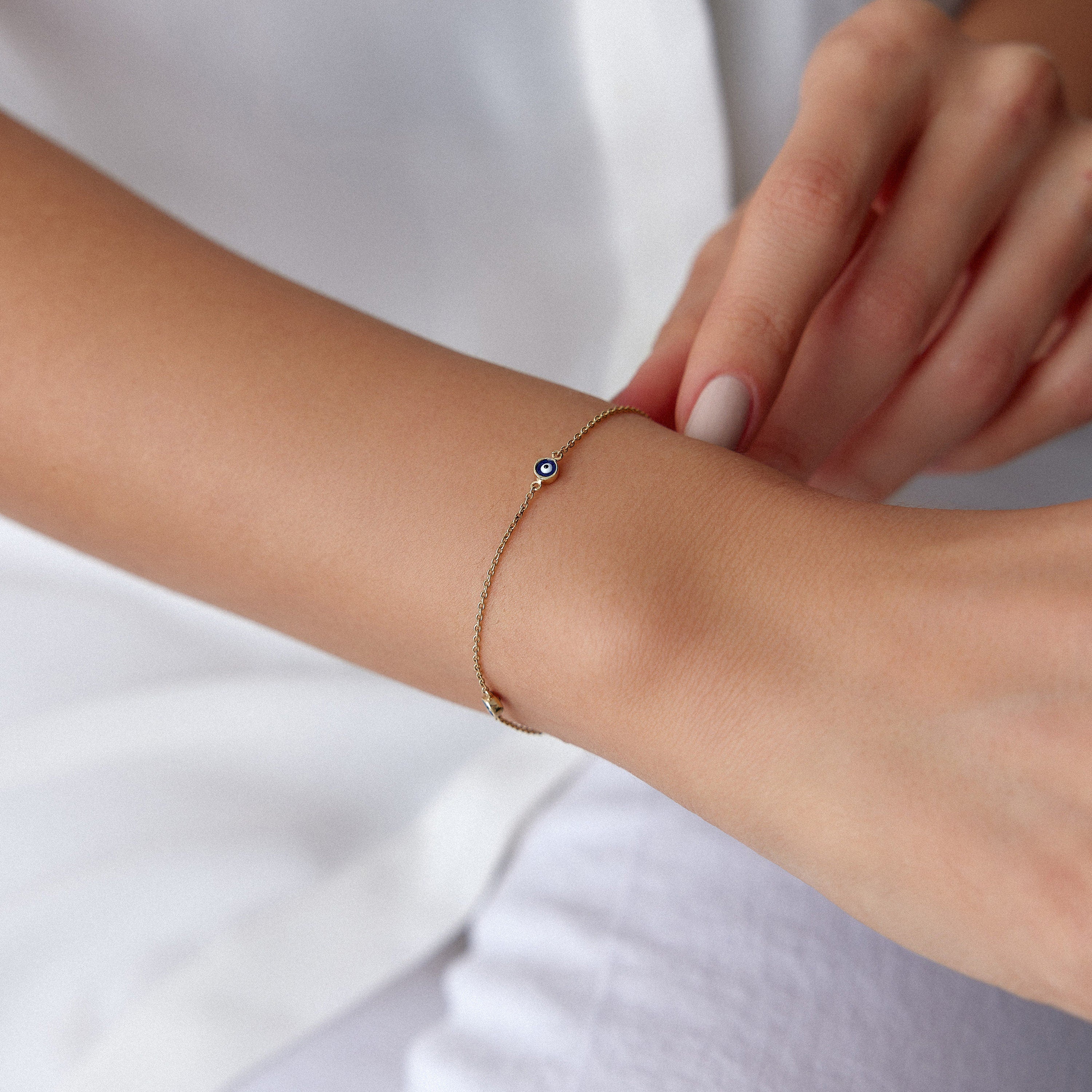 Three Evil Eye Bracelet in 14K Gold, Available in Navy Blue and Turquoise Color